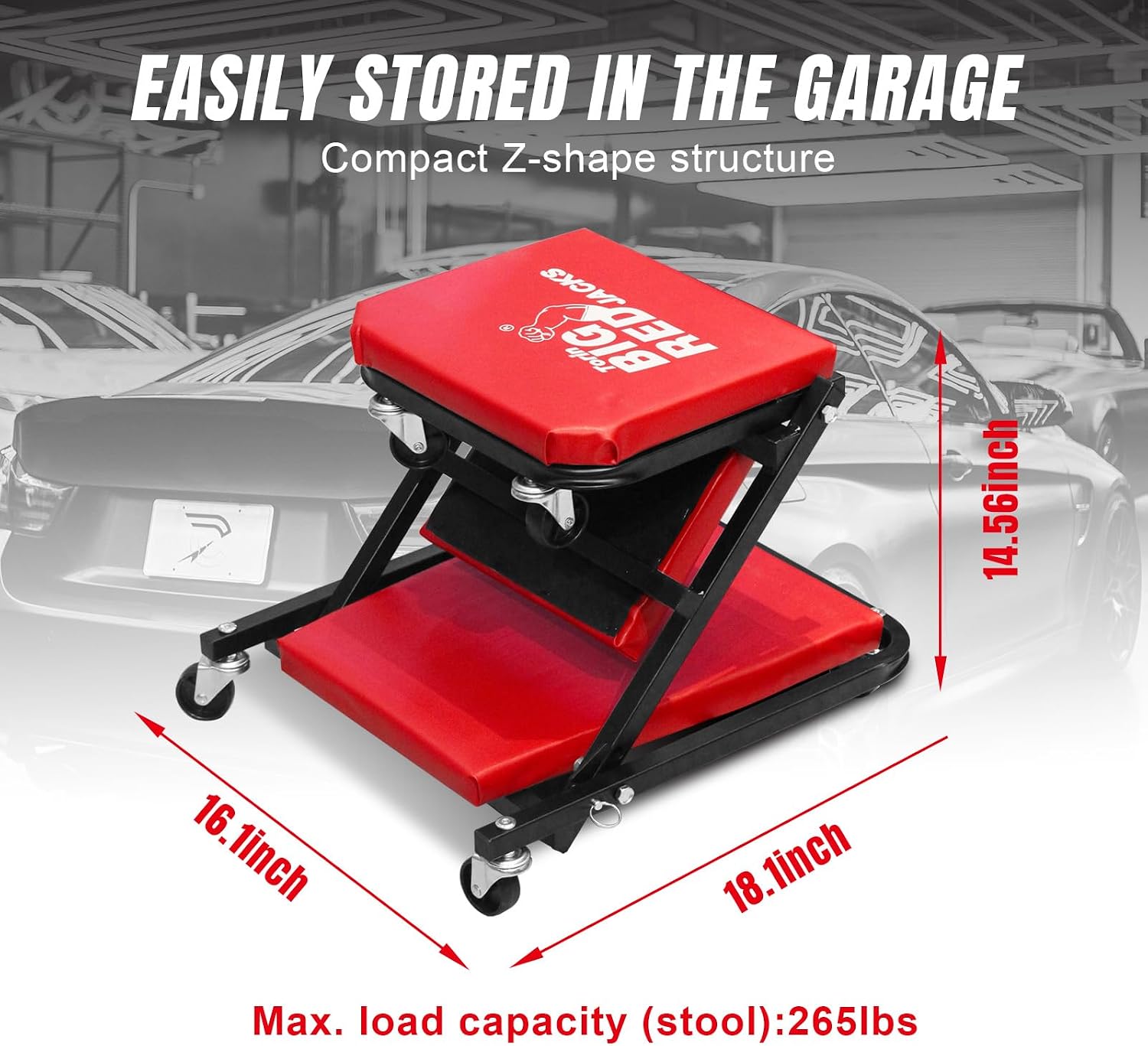 BIG RED TRP6240 Torin Blow Molded Plastic Rolling Garage/Shop Creeper: 40" Mechanic Cart with Padded Headrest, Dual Tool Trays and 6 Casters, Red