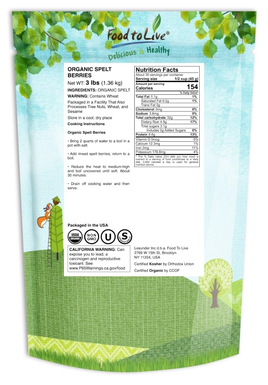 Food to Live Organic Spelt Berries, 3 Pounds - Non-GMO, Whole Grain, Non-Irradiated, Vegan Superfood, Bulk, Product of the USA