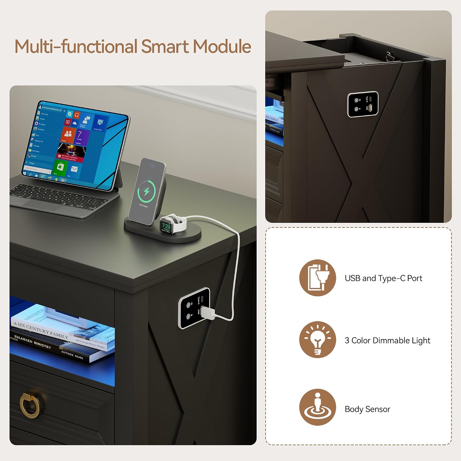 Lvifur LED Nightstand with Lockable Gun Drawer and Human Sensor, Black | USB & Type-C Charging Station, 3 Dimmable Lights, Adjustable Brightness, 3 Drawers, Farmhouse Style, Human Body Induction