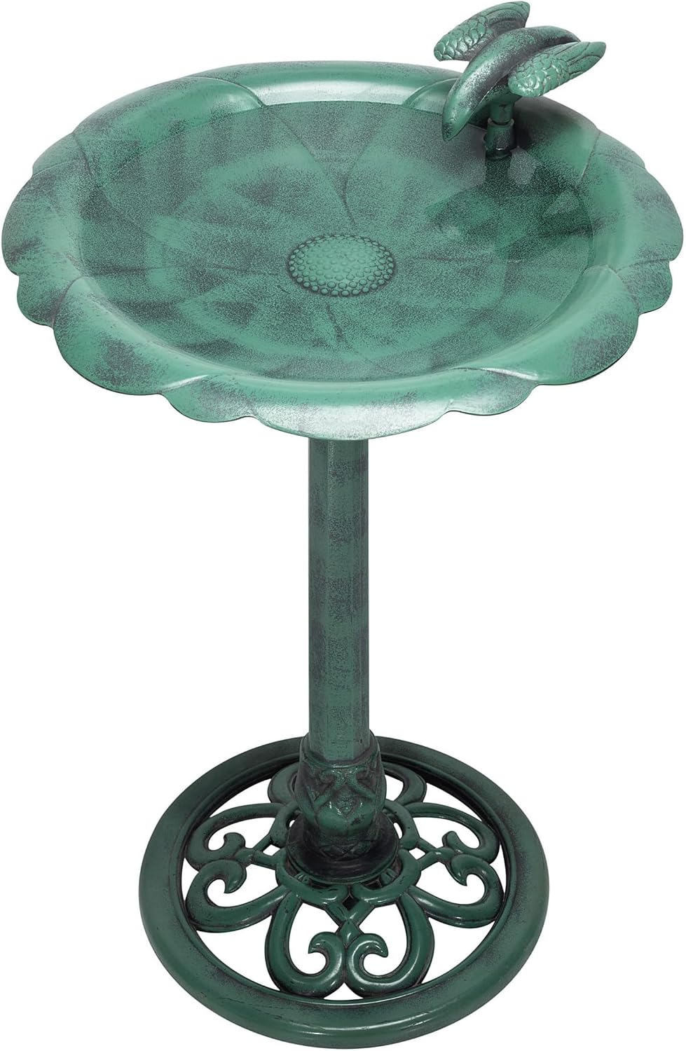 Alpine Corporation TEC116 Outdoor Aged Green Pedestal Birdbath with Scrollwork, 28" Tall, Green
