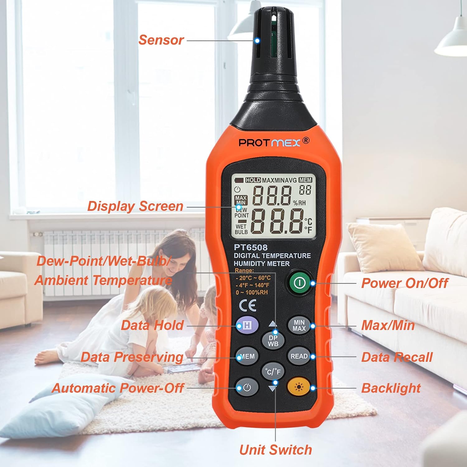 Digital Temperature Humidity Meter, Thermometer Hygrometer with Ambient Dew Point and Wet Bulb Temperature Indoor and Outdoor