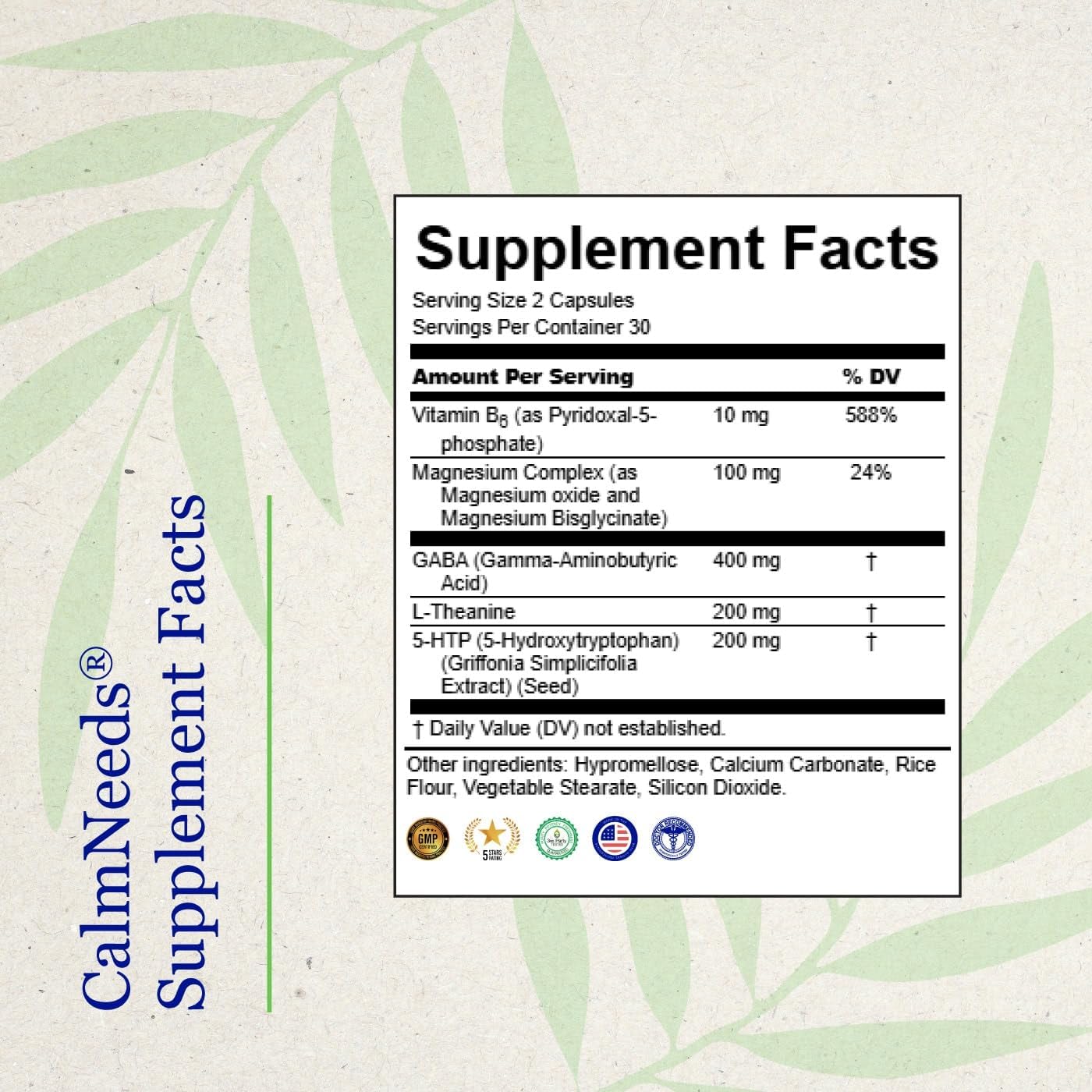 Neuro Needs CalmNeeds® Promote Calm and Positive Mood - Formula Contains Vitamins B6, Magnesium, L-theanine, 5-HTP, and GABA, 60 Veggie Capsules