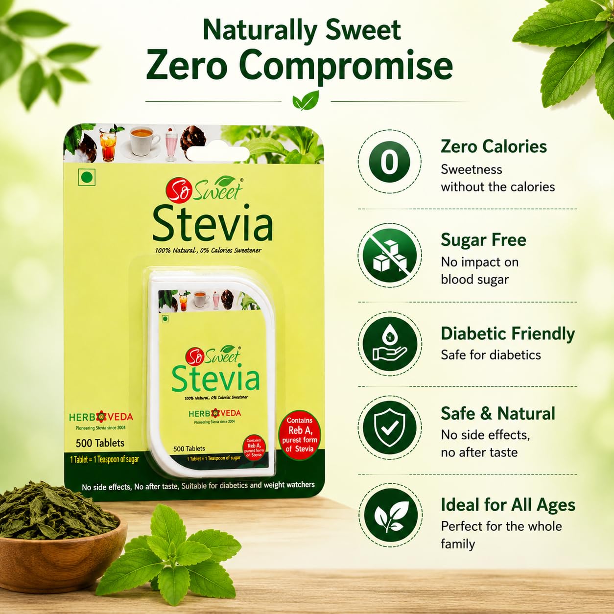 So Sweet Stevia 500 Tablet Dispenser - Natural Sweetener, Zero Calories, Keto-Friendly, Sugar Substitute, No Artificial Flavors, Convenient Travel Size