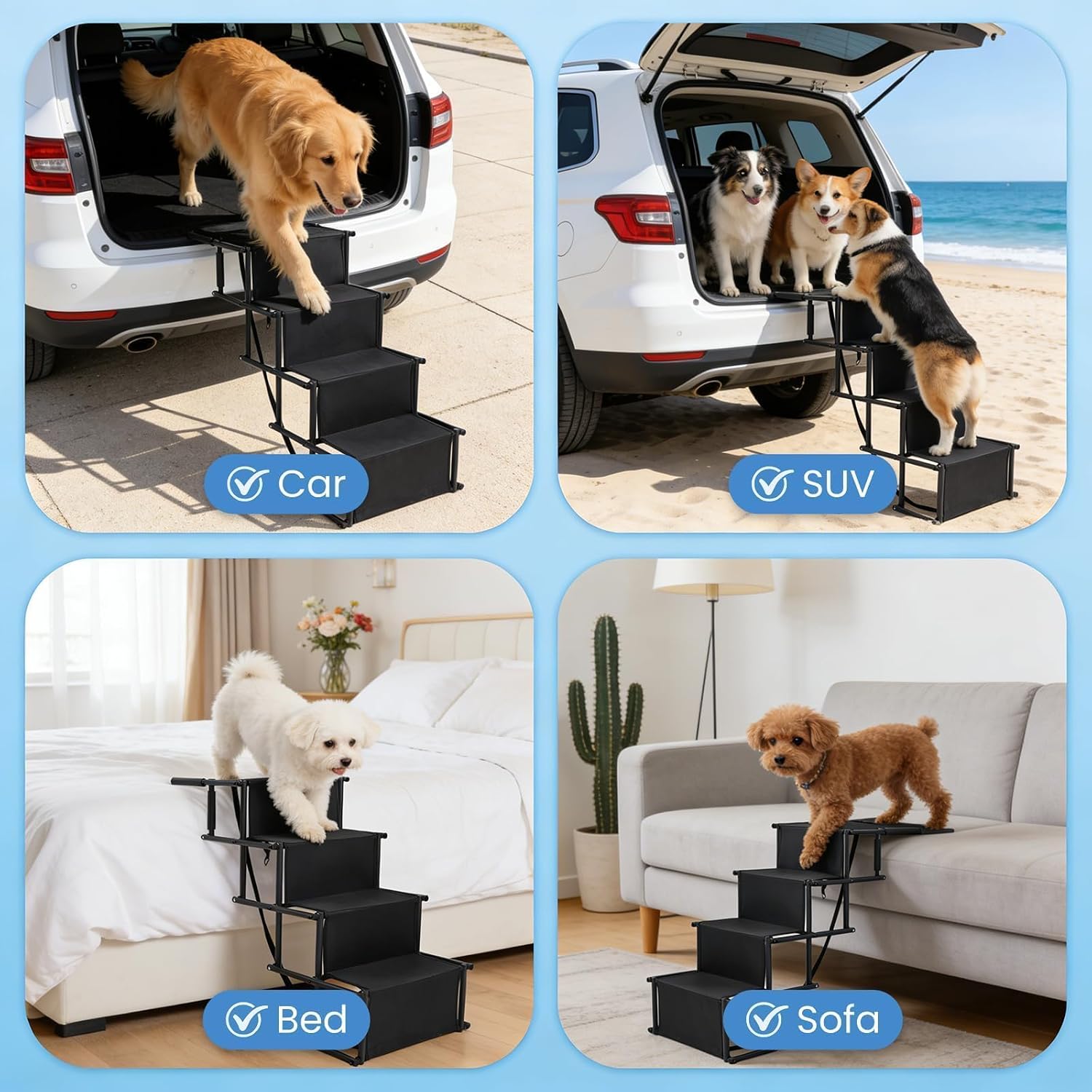 Portable Extra Wide Dog Steps, Large Dog Folding Stairs for Car, Truck, SUV | 4 Steps Non-Slip Dog Ramp for Large Dogs, Supports Up to 300 Lbs