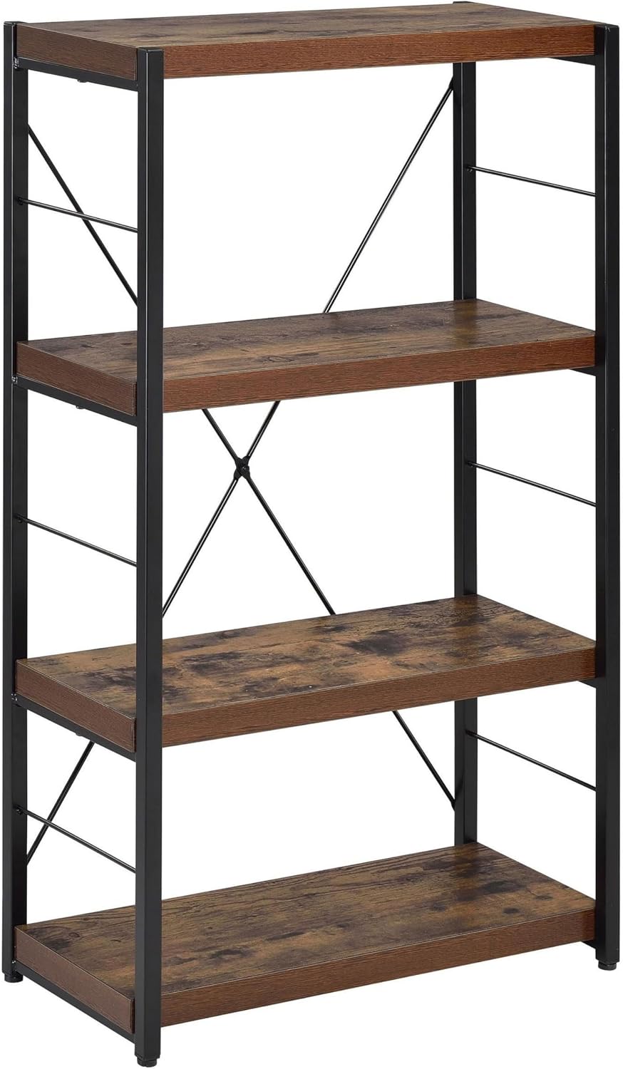 Benjara Four Tiered Metal Framed Wooden Bookshelf, Brown and Black