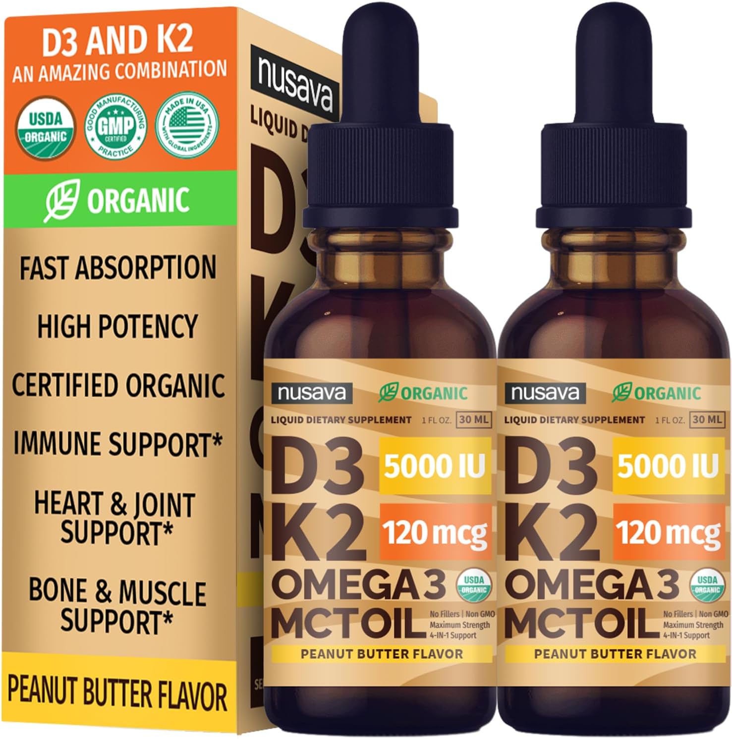 Nusava Organic Vitamin D3 K2 Drops with MCT Oil, Unflavored, Pack of 2