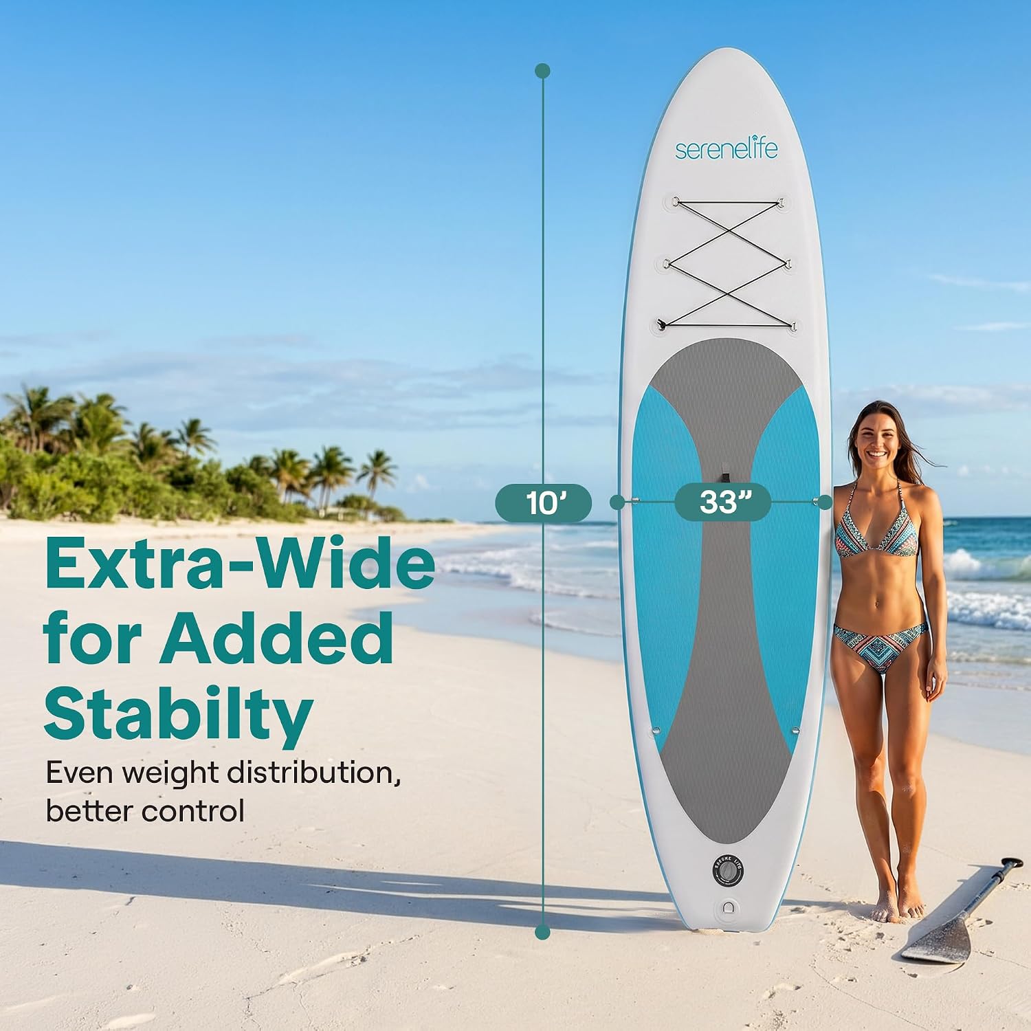 SereneLife 10’ Inflatable Stand Up Paddle Board with Premium SUP Accessories - Wide Stable Design with Non-Slip EVA Deck Pad, for Youth and Adults, 350 lbs. Capacity