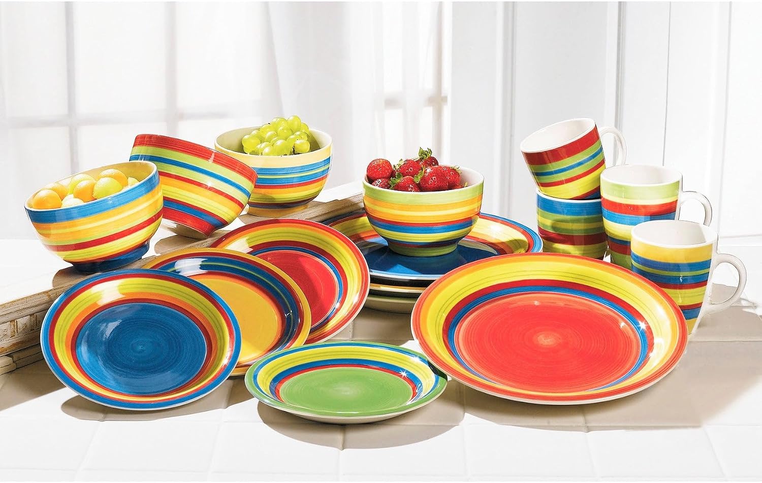 BrylaneHome 16 Piece Santa Fe Hand-Painted Striped Stoneware Dinnerware Set - Multi Stripe