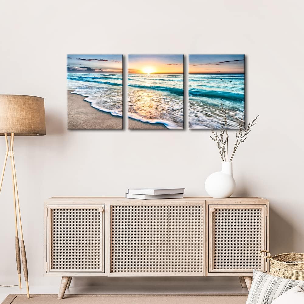 Wieco Art 3 Panel Blue Beach Canvas Wall Art for Home Decor Sunset White Wave Beach Pictures on Canvas Sea View Canvas Prints Artwork for Wall Decor