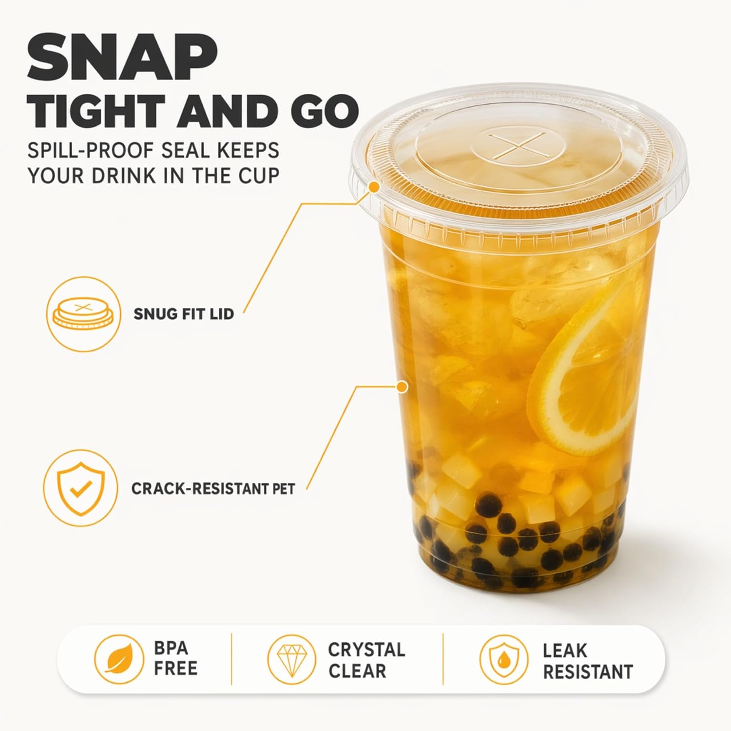 TashiBox Plastic Cups with Flat Lids 100 Sets 16 oz, Clear Crystal drink cups with lids