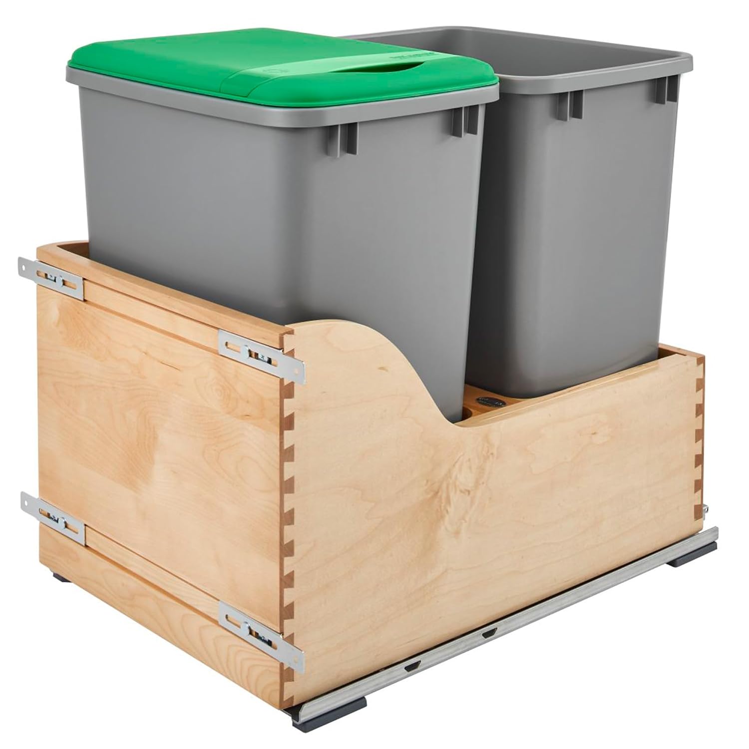 Rev-A-Shelf Pullout Trash Cans for Kitchen Cabinet, Dual 35 Qt Bins with 15" Wood Frame - Large Garbage Bin Containers for Home Waste Storage and Recycling | w/ Soft Close, Under Cabinet Waste/ Recycling Bin, Maple Wood Bottom Mount w/Full Extension Ball…