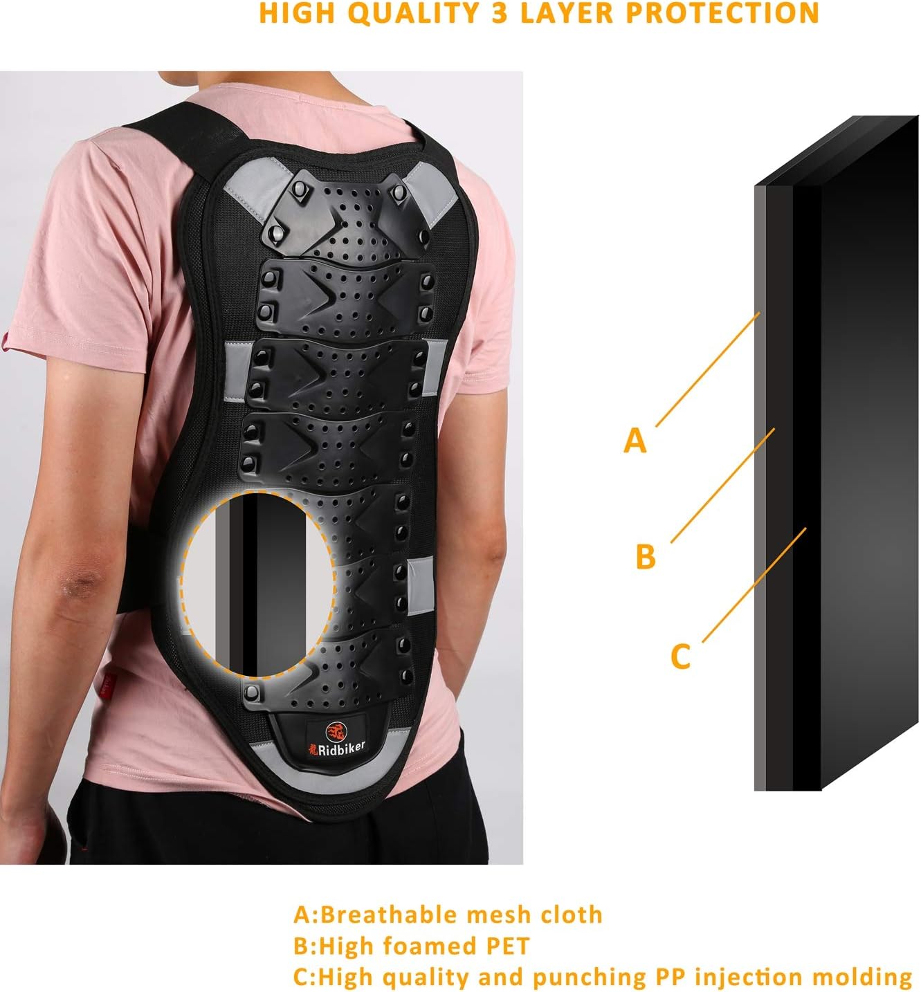 RIDBIKER Chest Protector Motorcycle, Dirt Bike Gear Body Armor Vest Spine Back Protector for Motocross Off-Road (Reflective at Night) (Black, S)