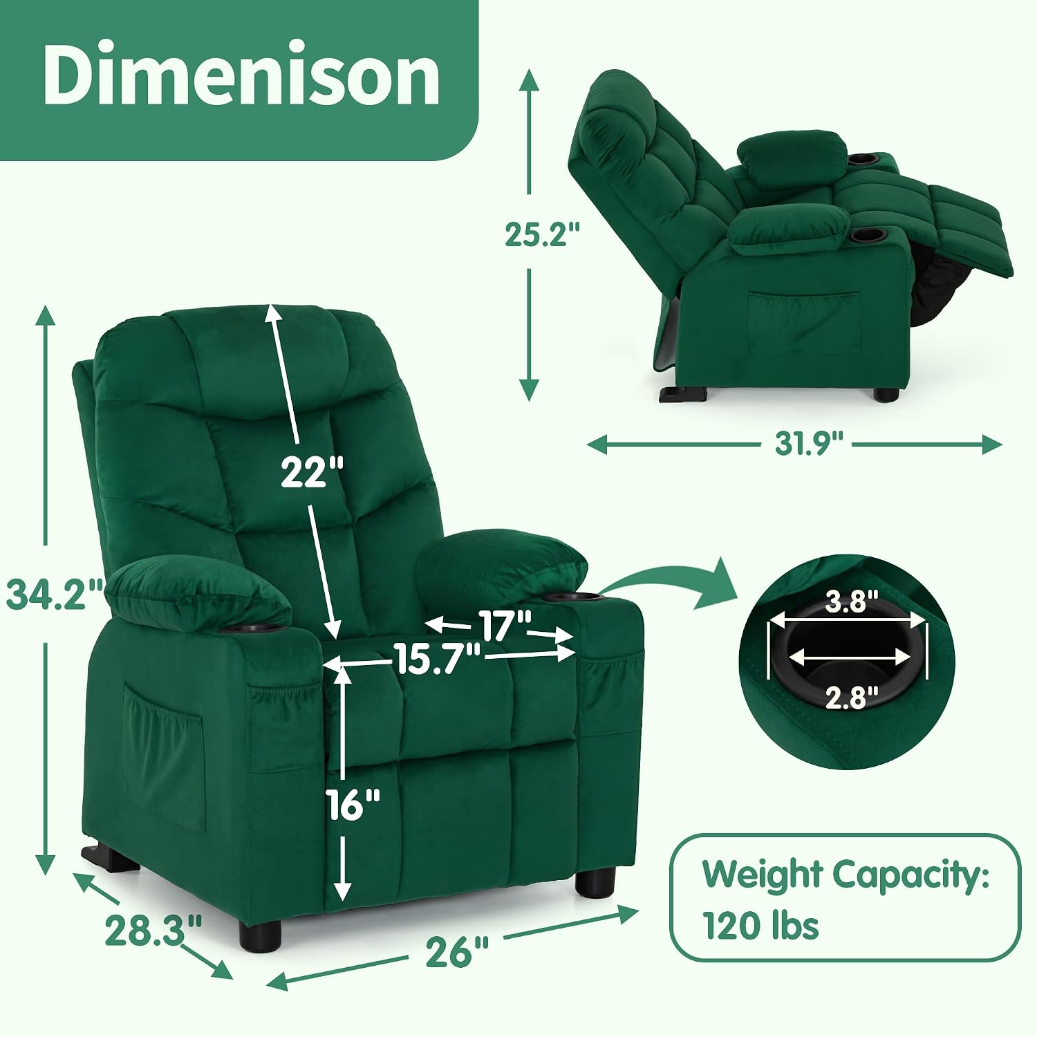 MCombo Big Kids Recliner for Ages 3+, Toddlers Recliner 7355 Velvet, Blue