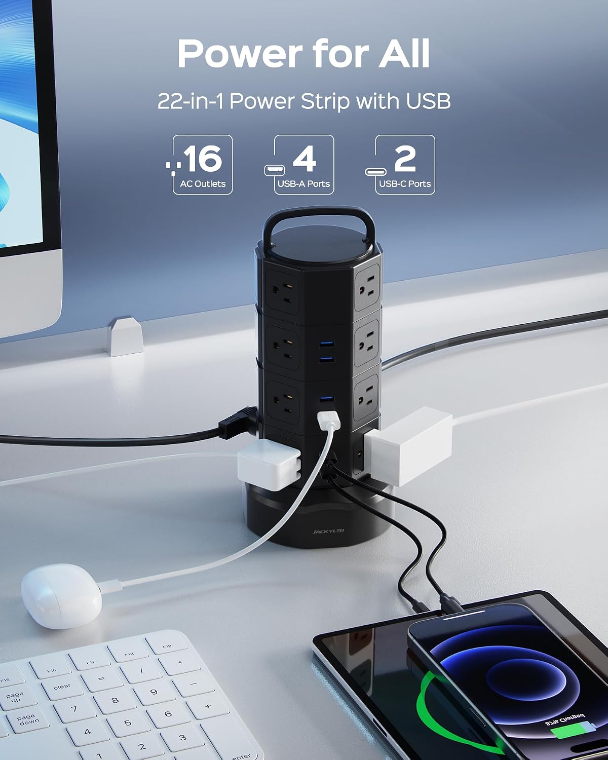 JACKYLED Power Strip Tower Surge Protector, 12 AC 6 USB (2 USB C), 1050J