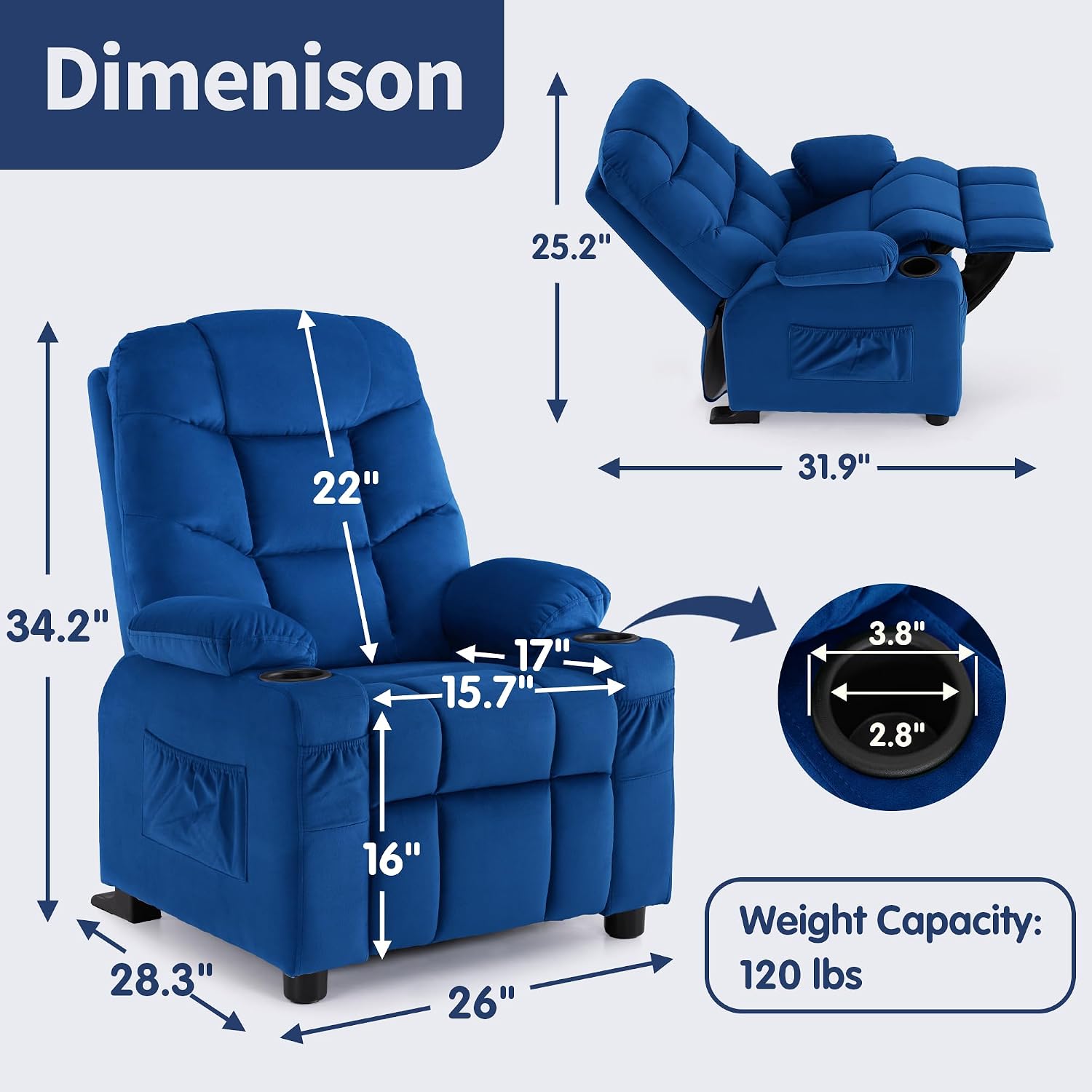 MCombo Big Kids Recliner for Ages 3+, Toddlers Recliner 7355 Velvet, Blue