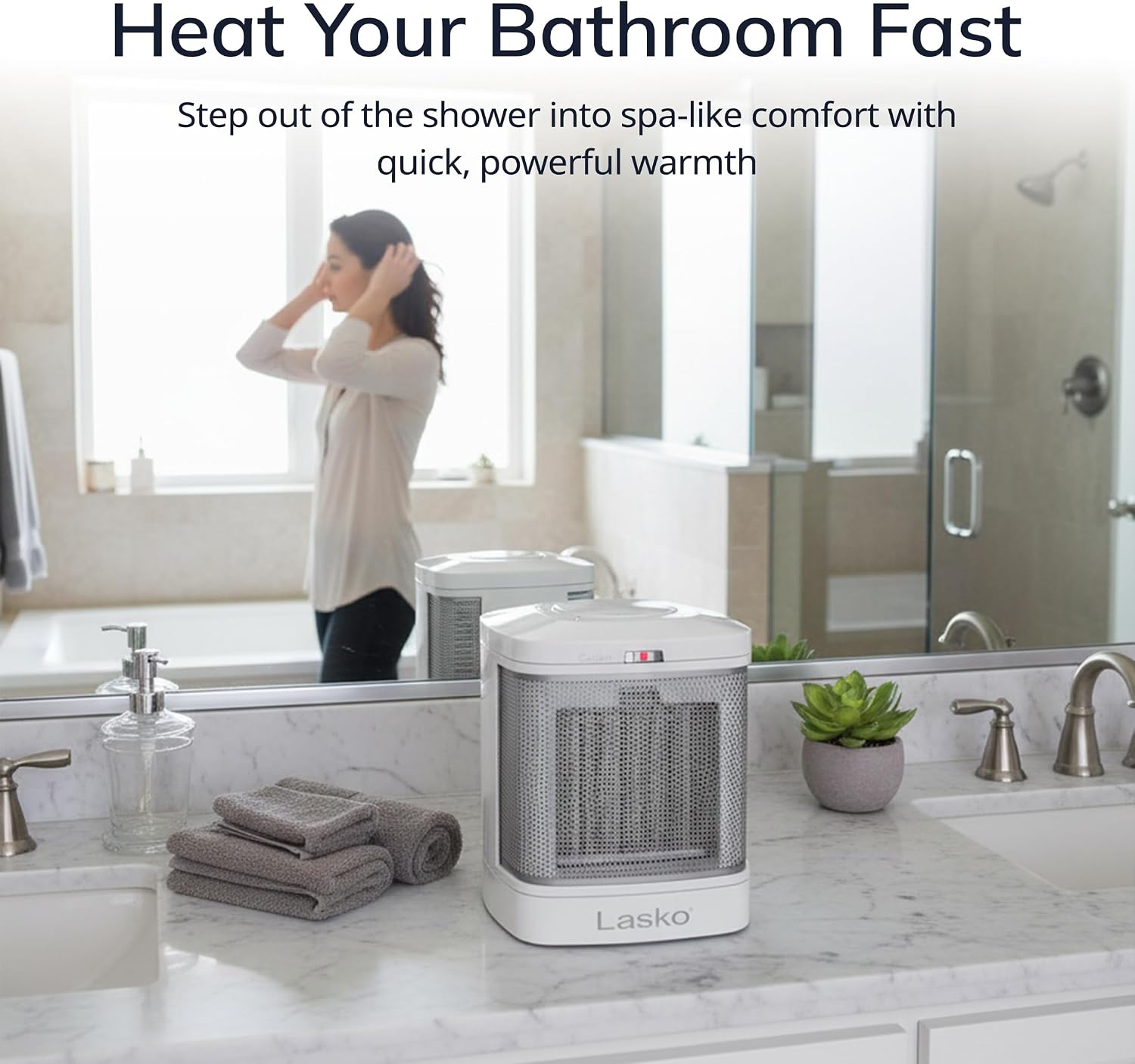 Lasko Electric Ceramic Space Heater for Bathroom - 8” - CD08200 - White | ALCI Safety Plug, Portable, 2 Heat Settings, Simple Heat Button, Overheat Protection, Cool Touch Housing, 1500W