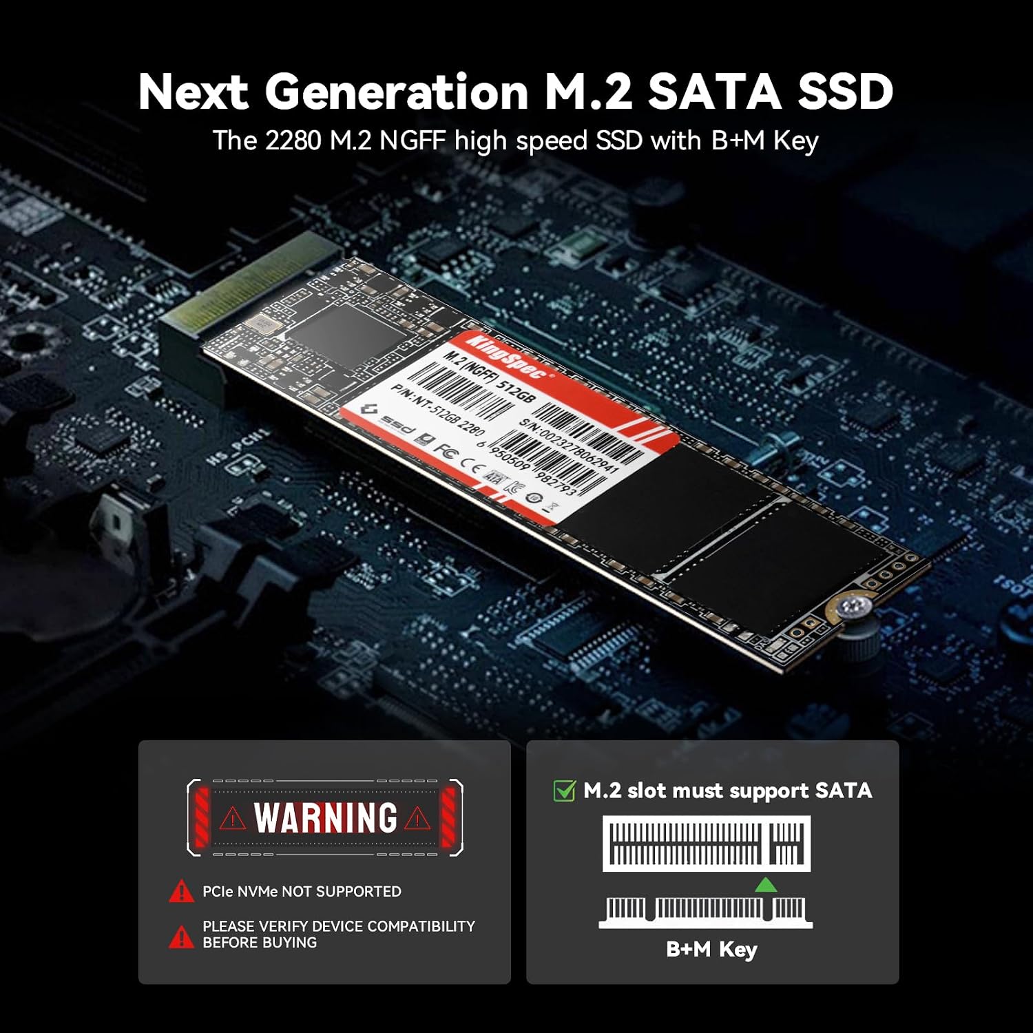 KingSpec 1TB M.2 SATA III 2280 SSD, NOT for NVMe Slots | SATA3 6Gb/s, B+M Key, Up to 550MB/s, Internal Solid State Drives for Laptop / Desktop Upgrades