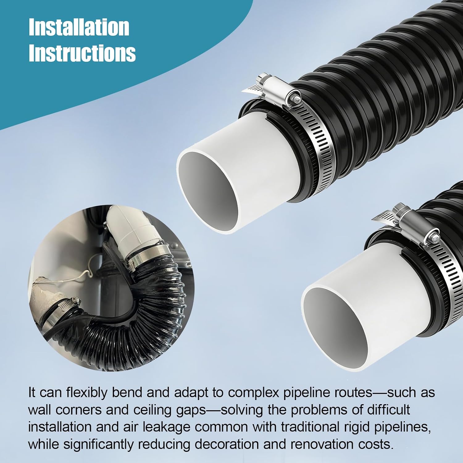 Central Vacuum Hose Fits 2-Inch Indoor Vacuum Tube, Compatible with OVO Flex Easy Retrofit, Flexible Pipe 2-Pack for Quick Installation