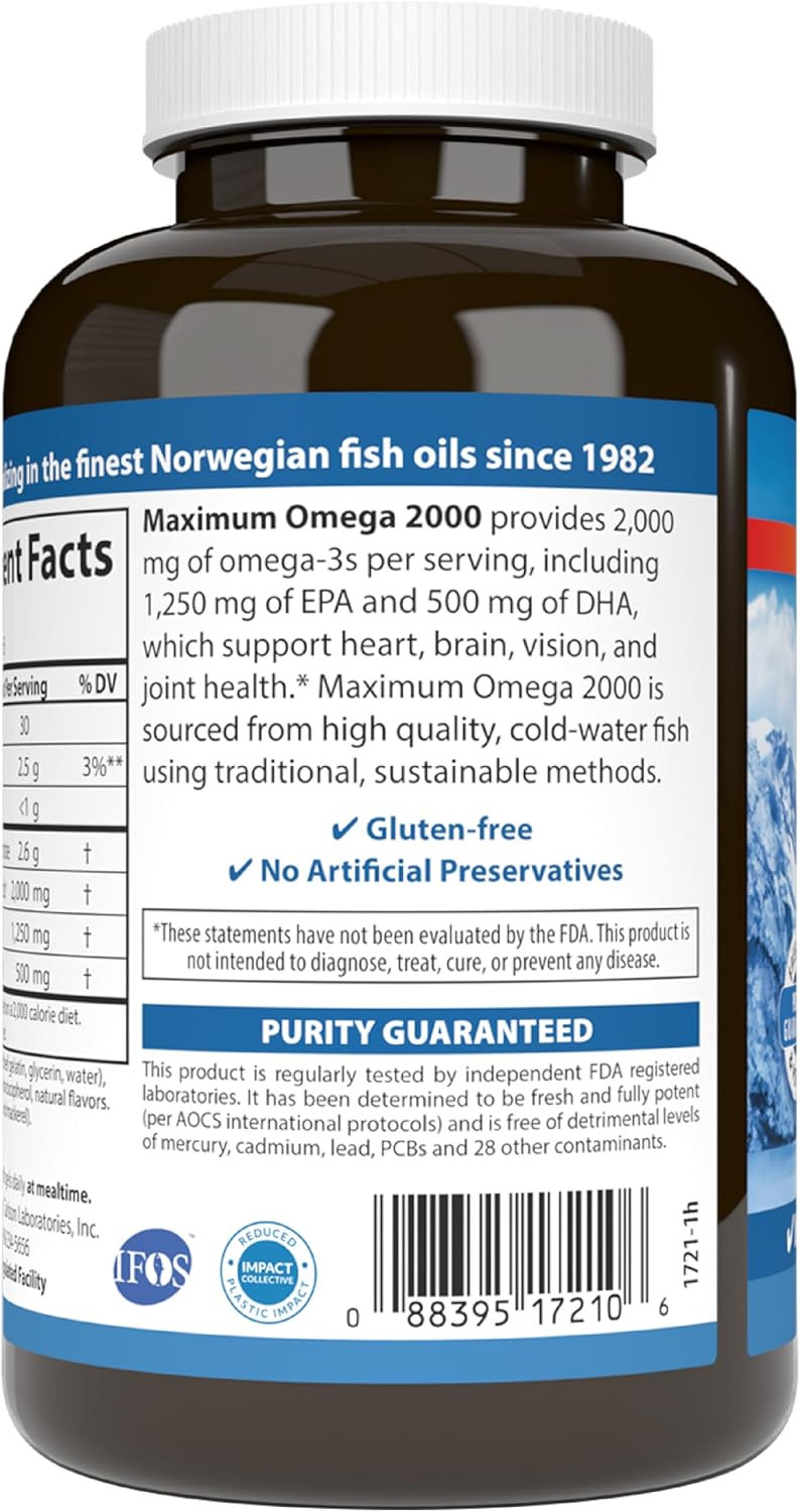 Carlson Maximum Omega 2000, 2000 mg, Wild-Caught, Lemon, 60 Softgels | Omega-3 Fatty Acids Including EPA and DHA; Norwegian Fish Oil Supplement; Sustainably Sourced Fish Oil Capsules