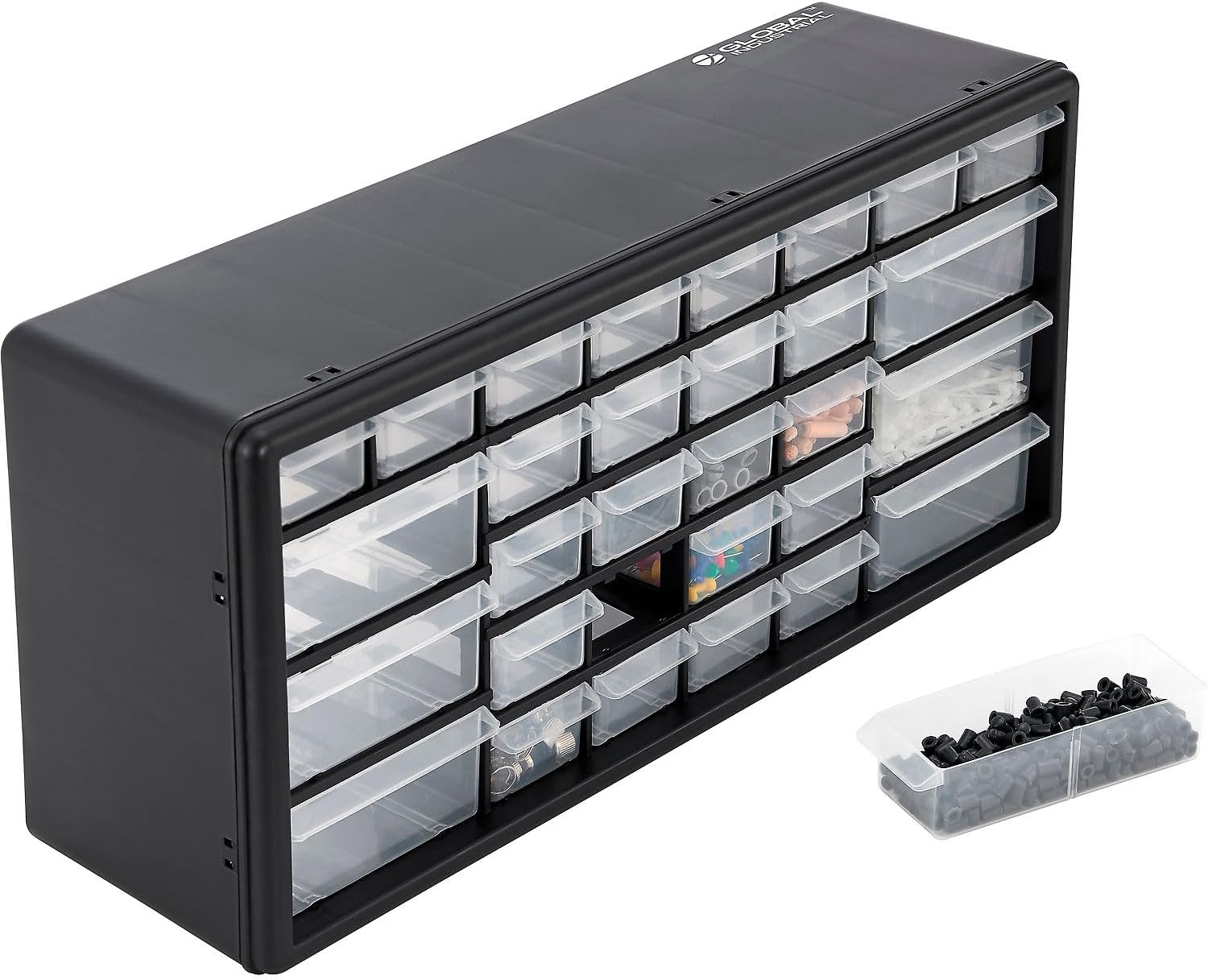 Global Industrial 30 Drawers Plastic Drawer Parts Cabinet, 20"W x 6-1/2"D x 10"H, Black