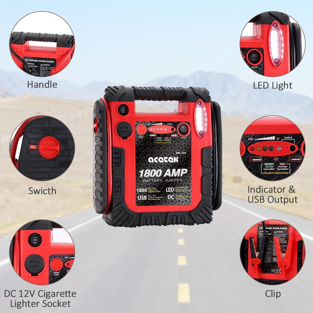 1800A Peak Car Jump Starter, 20000mAh Battery Booster for up to 6.5L Gas/5L Diesel Engines, 12V Portable Power Bank with LED Light, USB Outports