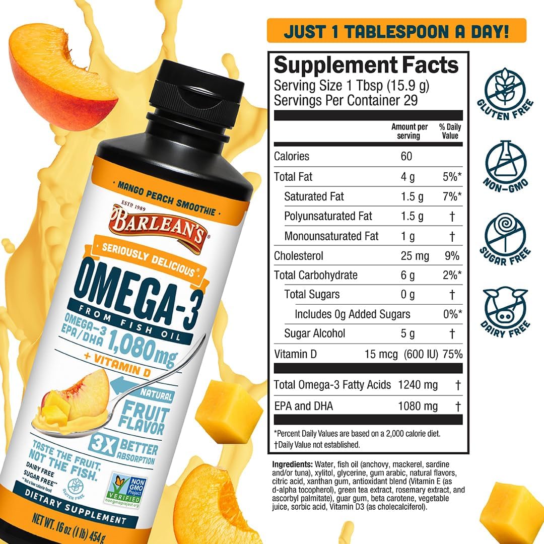Barlean's Mango Peach Omega-3 Fish Oil, Vitamin D, 1080mg EPA & DHA, 8oz | Wild-caught fish oil plus vitamin D, EPA DHA omega-3, Burpless, Non-GMO, Gluten-free, Heart, brain, bone & immune