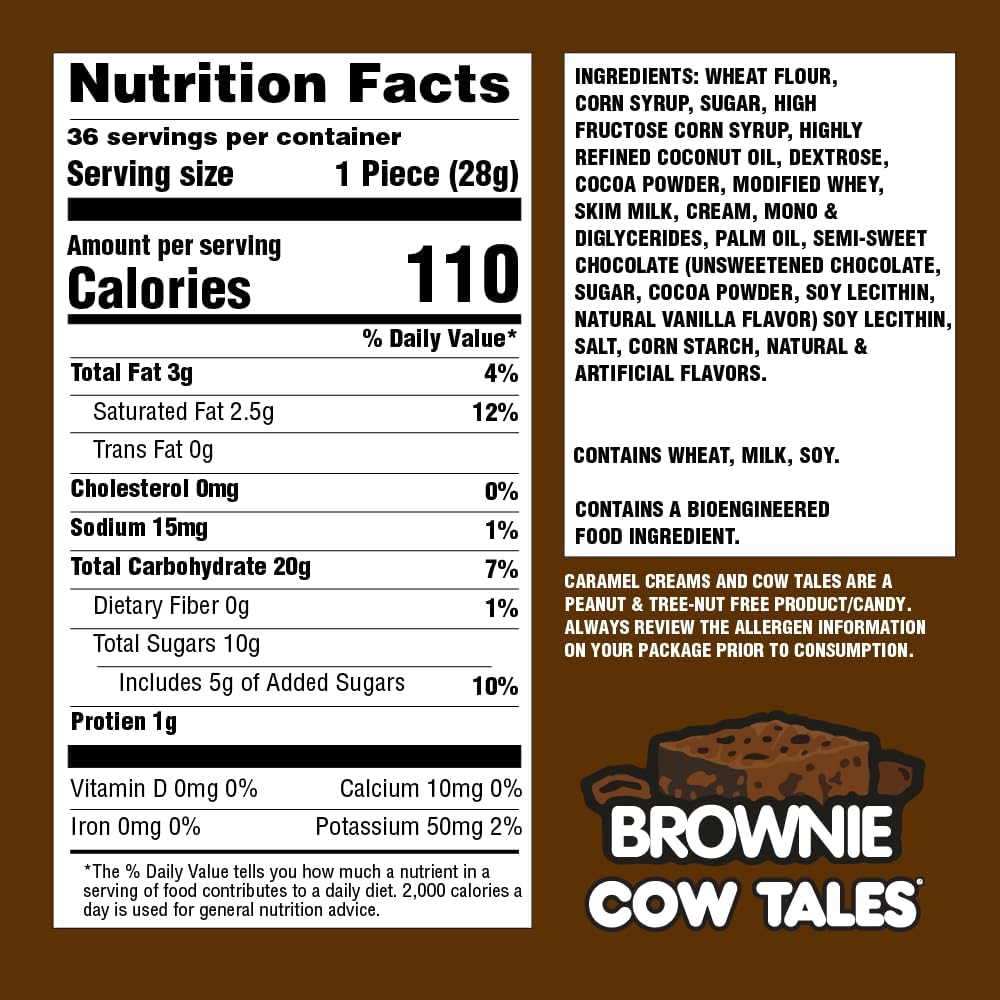 Goetze's Candy Caramel Brownie Cow Tales, 2.25 lb 36ct Canister | Rich Chewy Brownie Caramel & Smooth Cream Filling