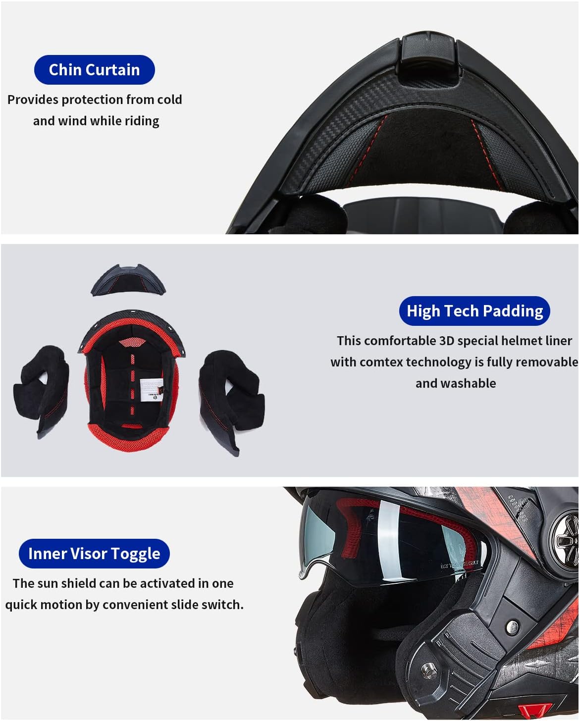 ILM Motorcycle Full Face Modular ATV Helmet Three in One Snowmobile Casco with Pinlock Anti Fog Visor for Men Women DOT Model 909F
