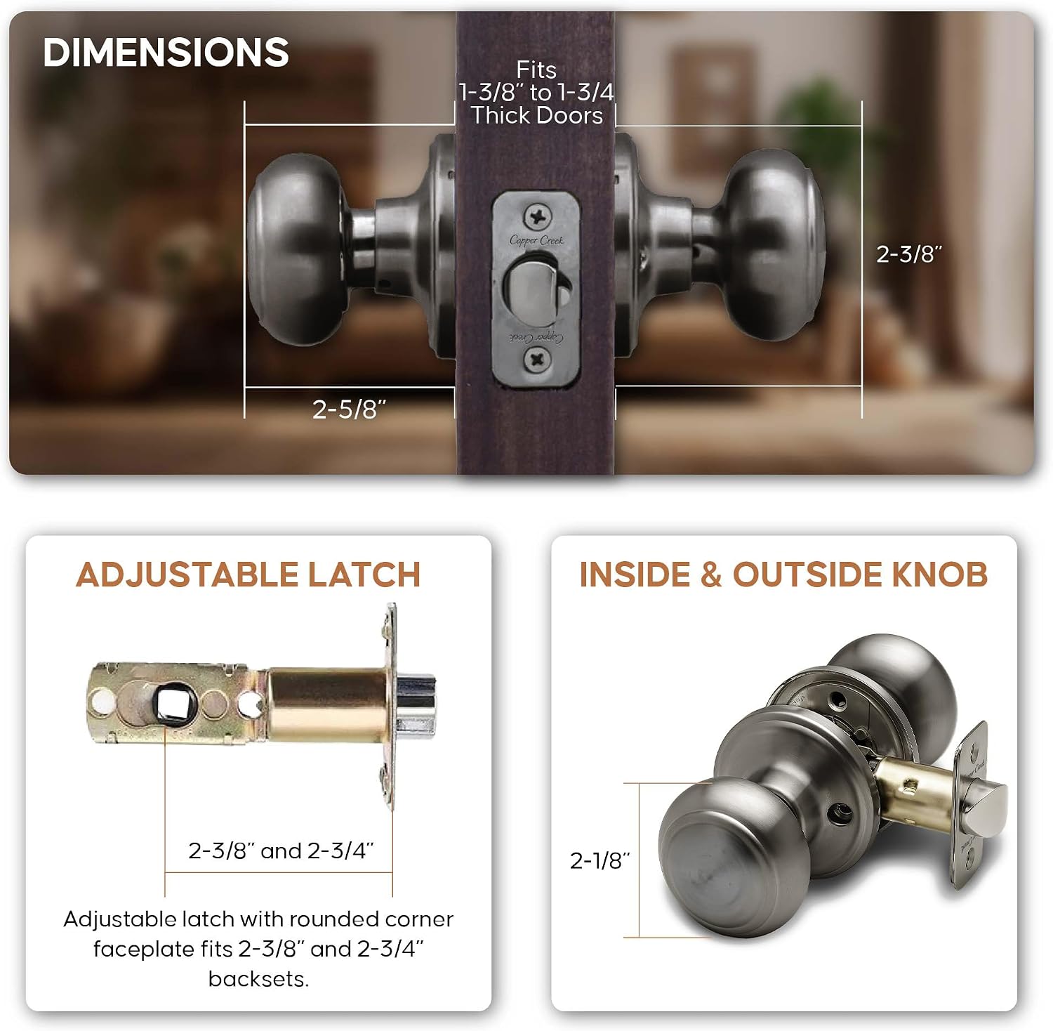 Copper Creek Colonial Privacy Interior Door Knob – ANSI Grade-3 Certified, Modern Heavy Duty Handle, Easy Install and Reversible for Bedroom, Bathroom and Closets – Satin Stainless (1 Pack)
