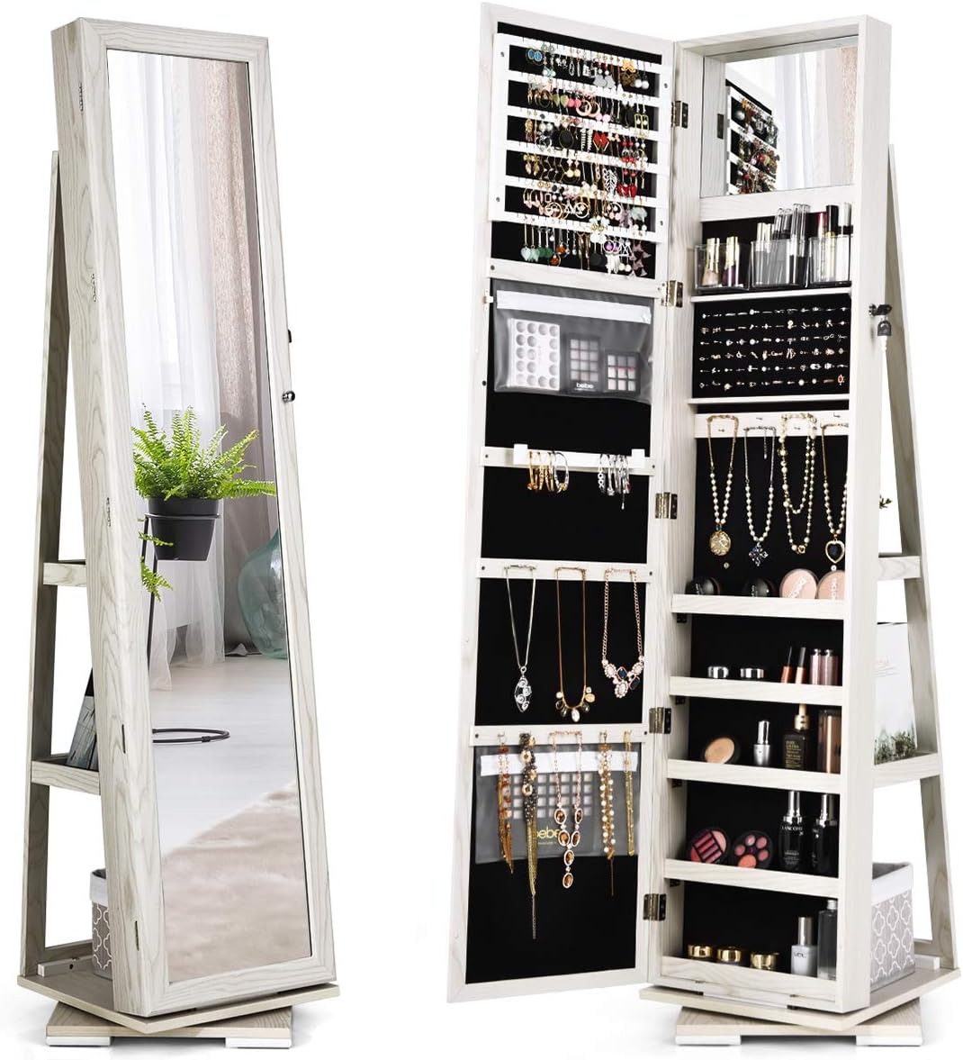 CHARMAID 360° Swivel Jewelry Armoire with Higher Full Length Mirror, Standing Lockable Jewelry Cabinet Organizer with Large Storage Capacity
