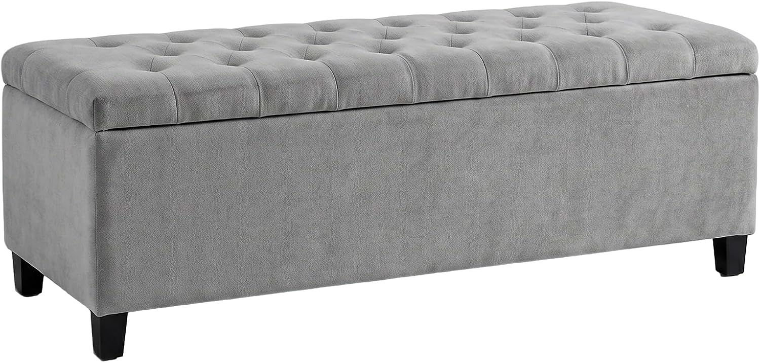 Madison Park 49" Upholstered Storage Bench, Button Tufted End of Bed Bench with Storage, Dual Spring Soft-Close Lid, Bedroom Bench for Queen King Bed, Entryway Living Room, Grey