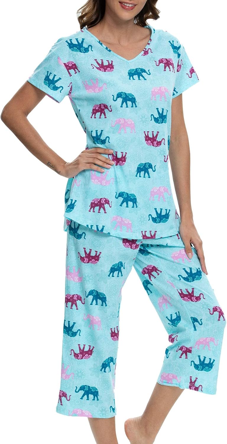 ENJOYNIGHT Womens Pajama Set Cotton Short Sleeve Top With Capri Pants Pj