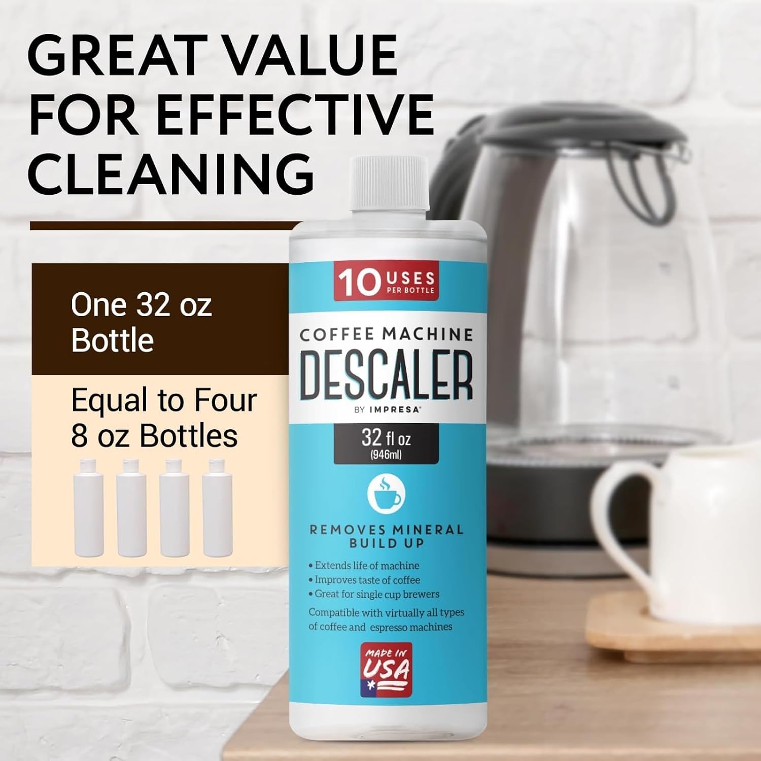 IMPRESA Coffee Machine Descaler (2 Uses Per Bottle) - Made in the USA - Universal Descaling Solution, Compatible with Nespresso, Delonghi and All Single Use Coffee and Espresso Machines