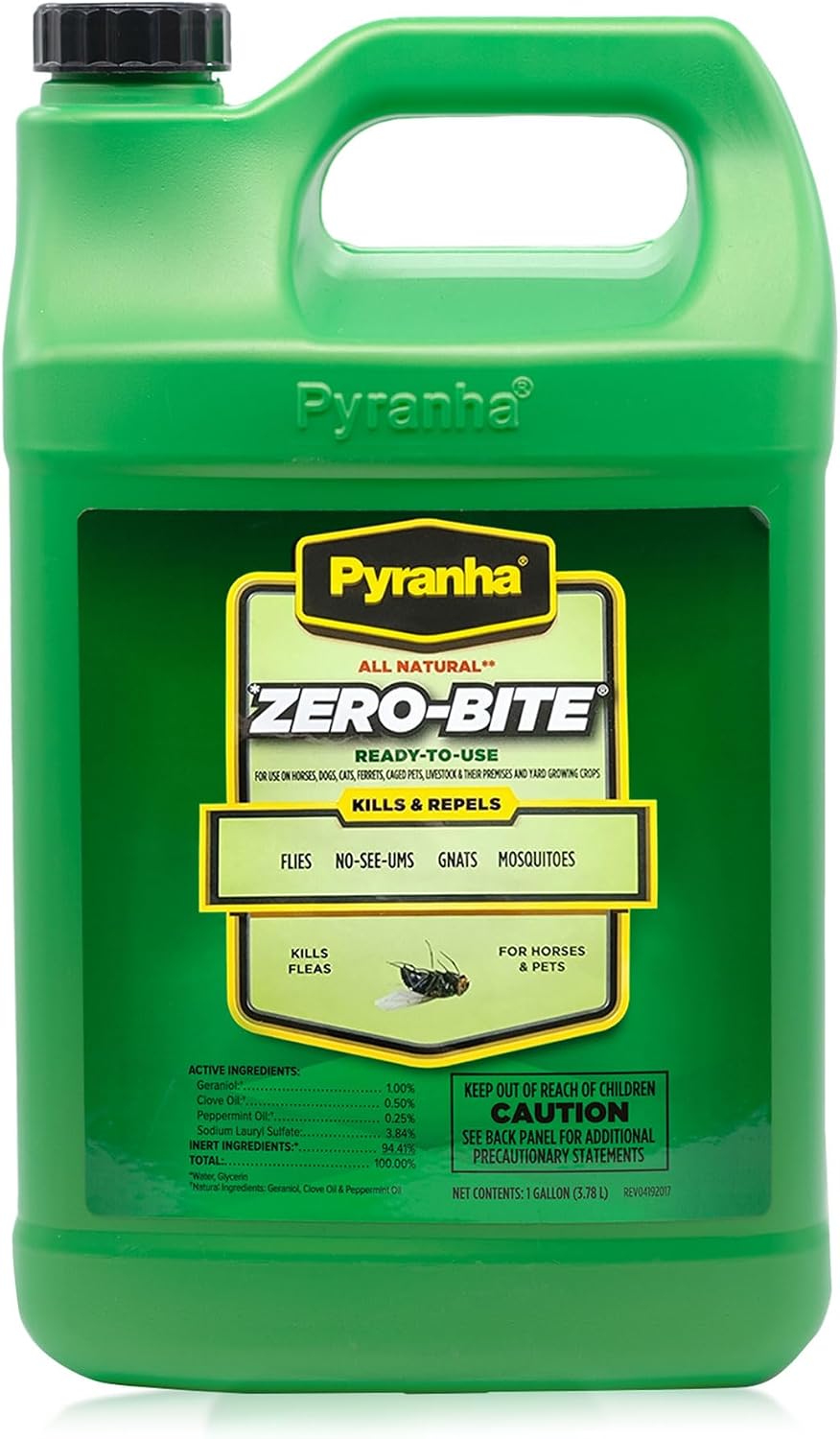 PYRANHA Zero-Bite All Natural Fly Spray - Ready to Use Water Based Repellent for Horses, Dogs, Cats, Ferrets, Caged Pets, Livestock | Repels Flies, Gnats, Mosquitoes, No-See-UMS