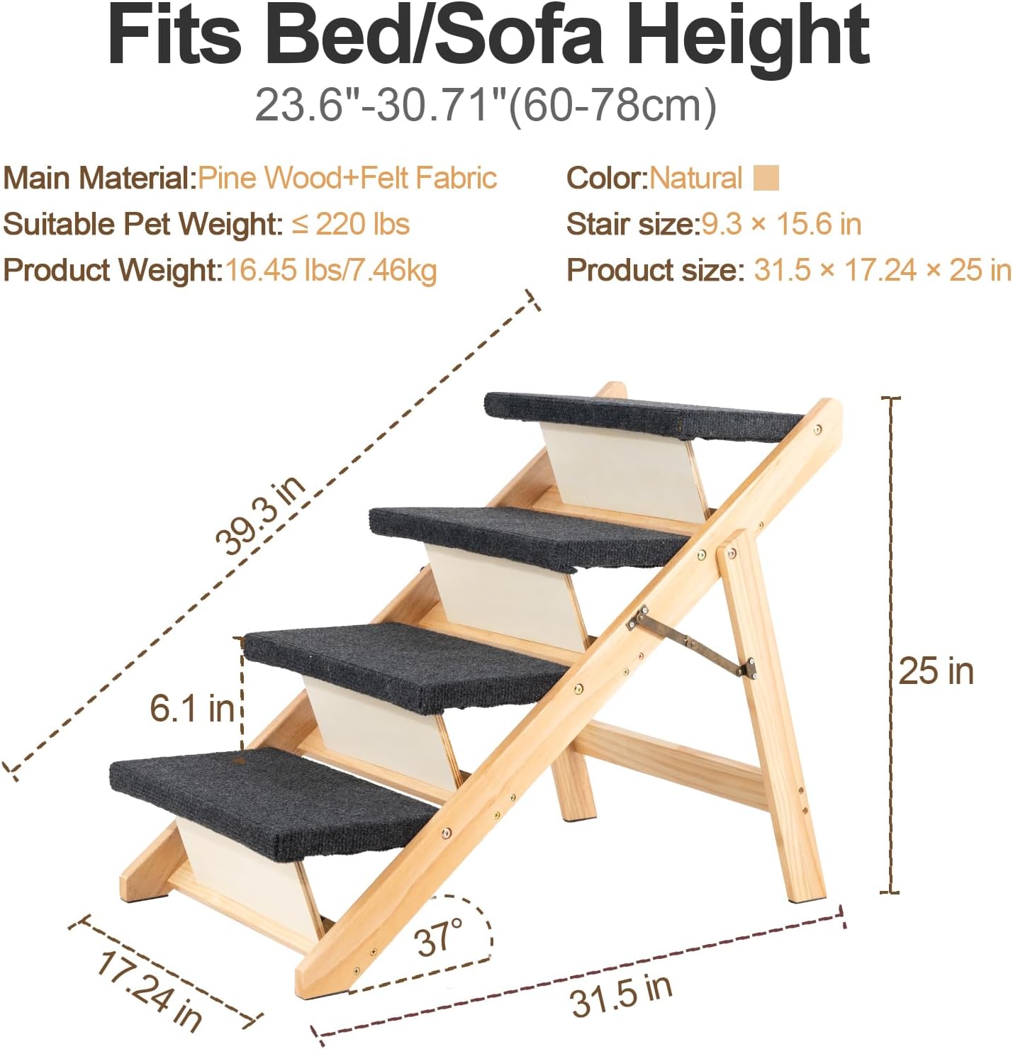 MEWANG Wood Pet Stairs & Ramp for Small/Medium Dogs & Cats, Aging Pets – 2-in-1 Foldable, Portable, Non-Slip Pet Ladder for Tall Beds, Couches