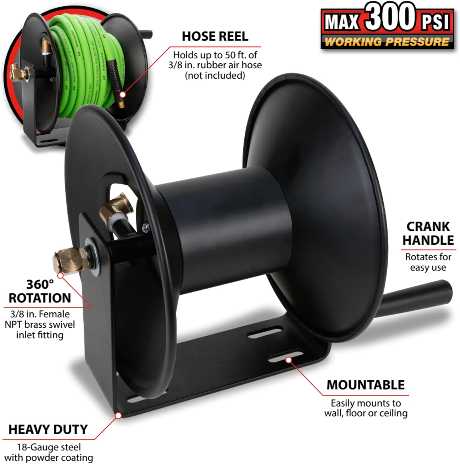 Performance Tool M635 50 ft. 18-Gauge Steel Air Hose Reel | Durable powder coated finish. Holds up to 50-ft of 3/8-in compressor hose (not included). 3/8-in female NPT swivel. Reel only