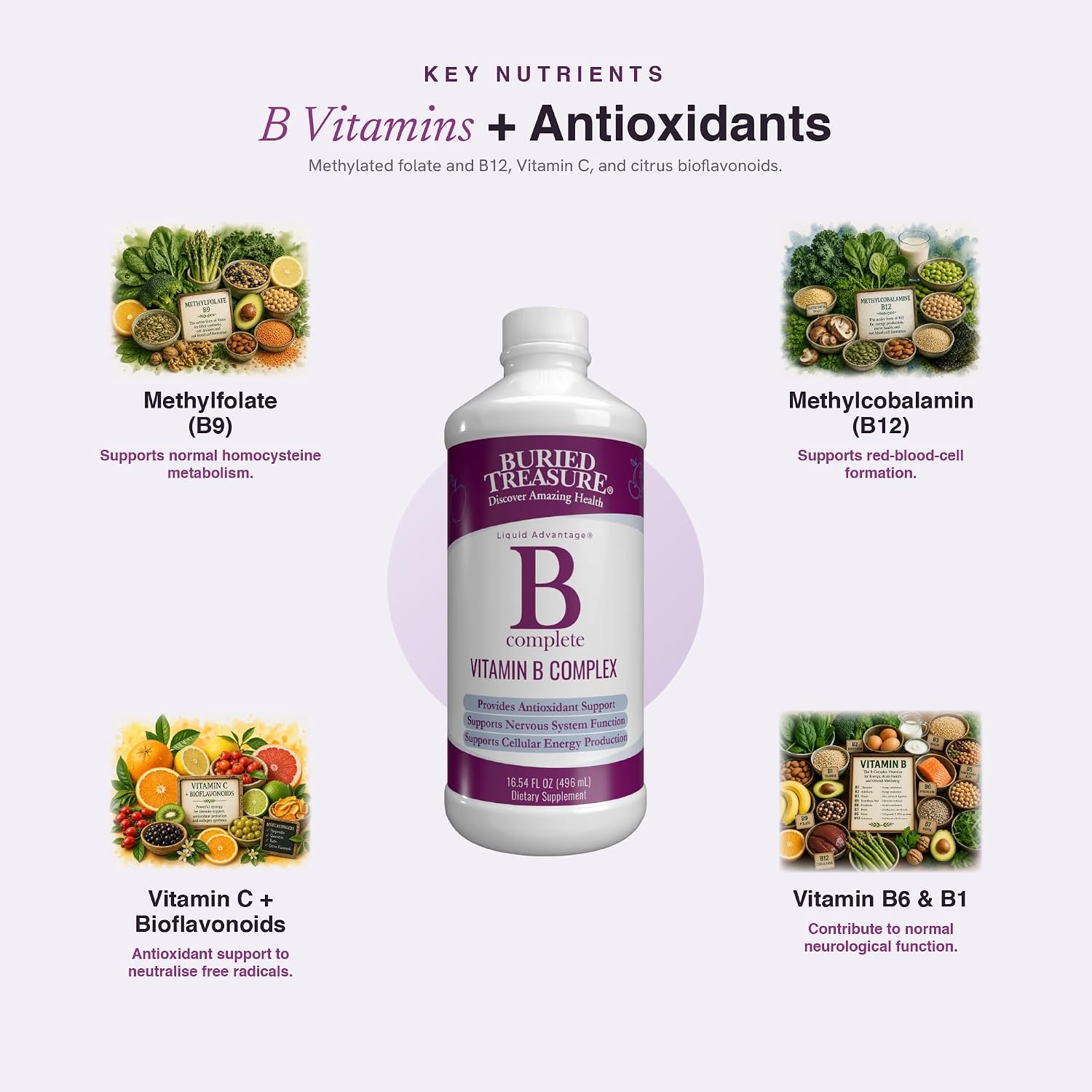 Buried Treasure B Complete - 16 Fl oz, All 8 B Vitamins with Methylated B12 & Methylfolate, Biotin, B1, B2, B6, Antioxidant Support