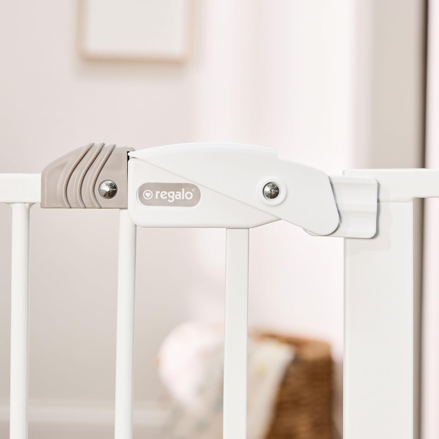 Regalo Safety 29"-49" Extra Wide Baby Gate, Bottom of Stairs & Doorways | Pressure Mounted with Door, For Babies, Toddlers & Pets, White, Tested & Trusted for 30 Years