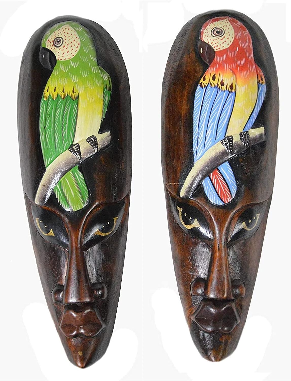 SET OF 2 AFRICAN HAND CARVED WOODEN TRIBAL MASK WITH PARROTS WALL DECOR