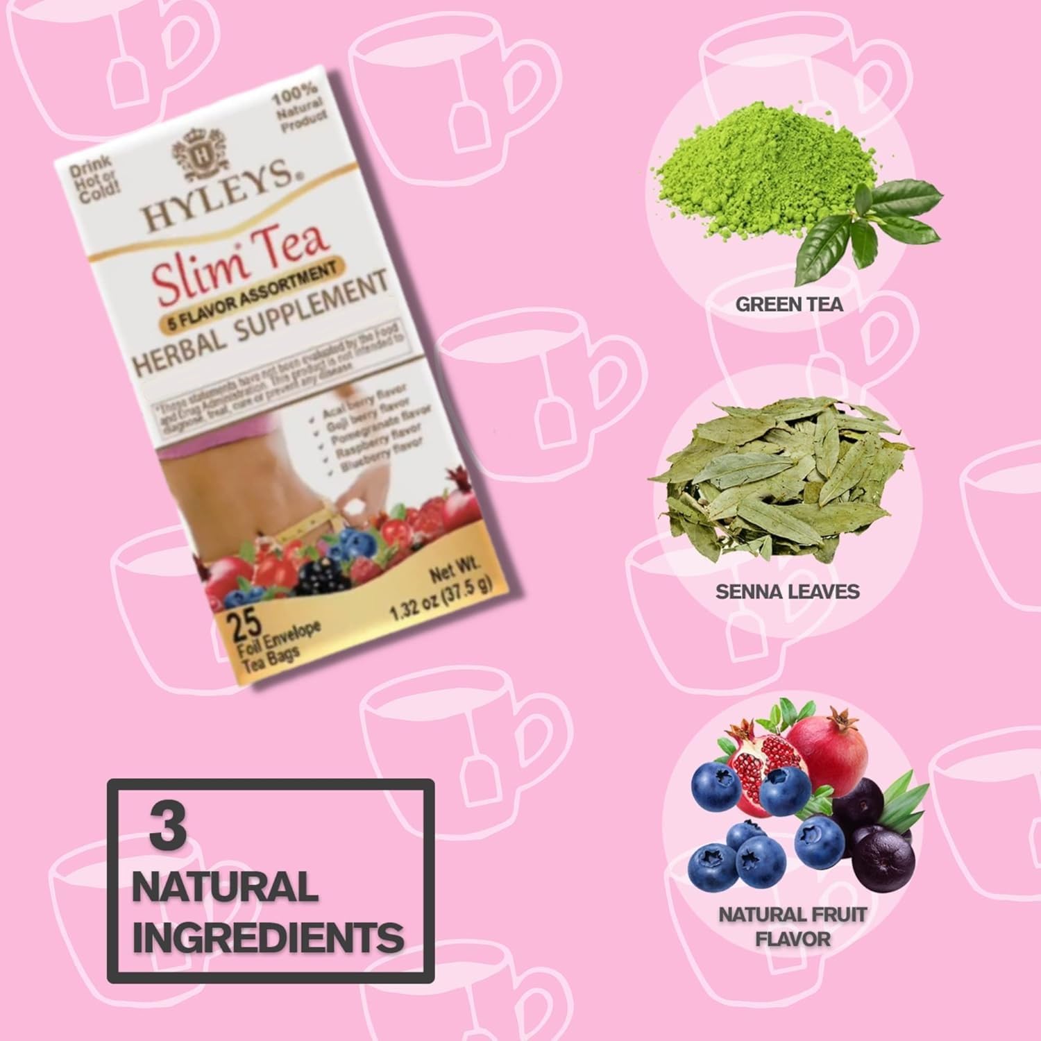HYLEYS Slim Tea Goji Berry, Weight Loss Detox, Slimming Diet Tea, 25 Bags | Green Tea, Senna Detox & Cleanse, 3 Natural Ingredients, No Added Sugar, 1-Step Bedtime Routine, Supports Digestion