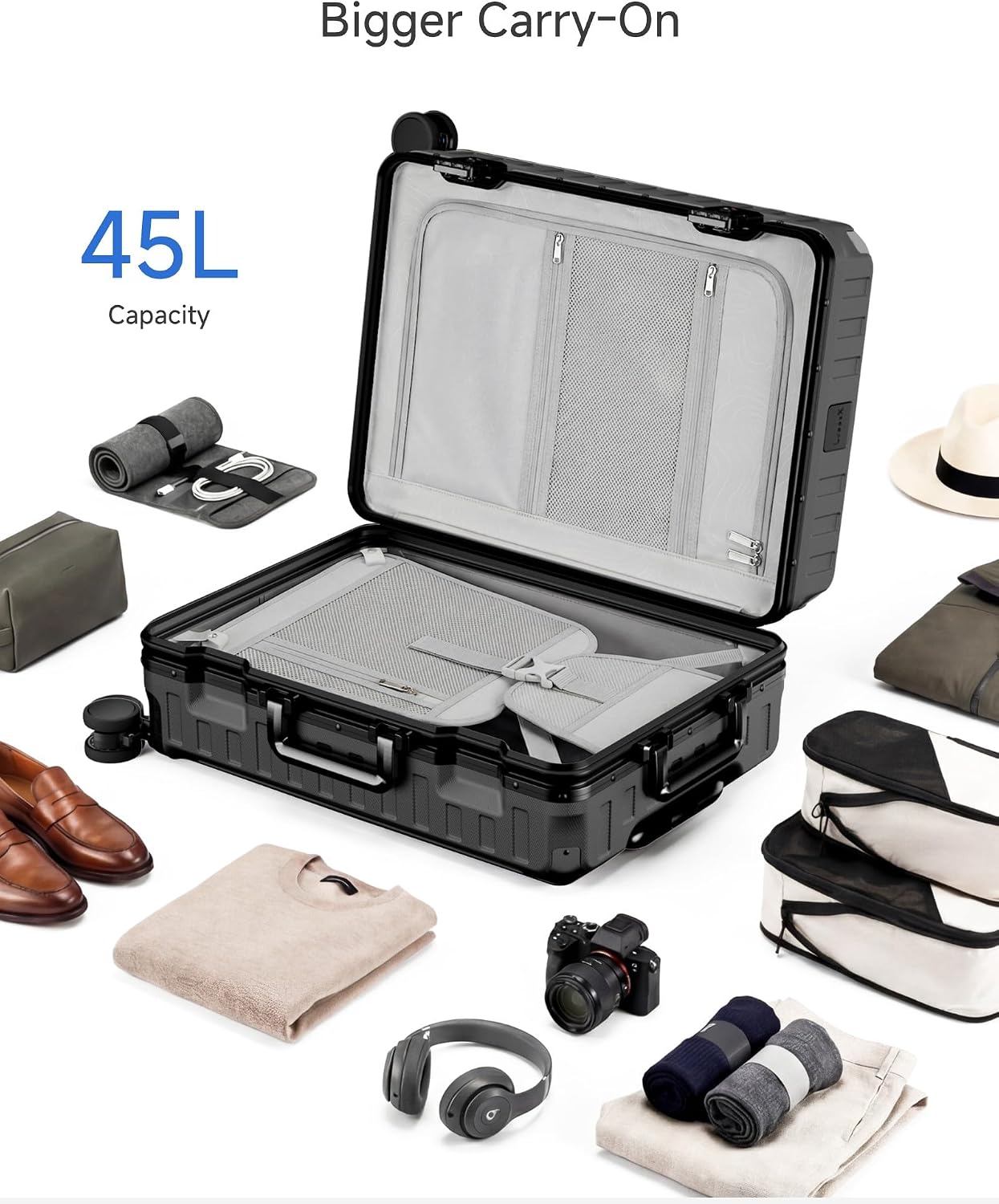 LUGGEX Zipperless Checked Suitcase, Aluminum Frame, Charcoal Metallic, 28" | Checked Luggage, 100% PC Hard Shell, 8010S Aluminum Frame, 8 Spinner Wheels, TSA Lock, Hard Shell, ZX-Core