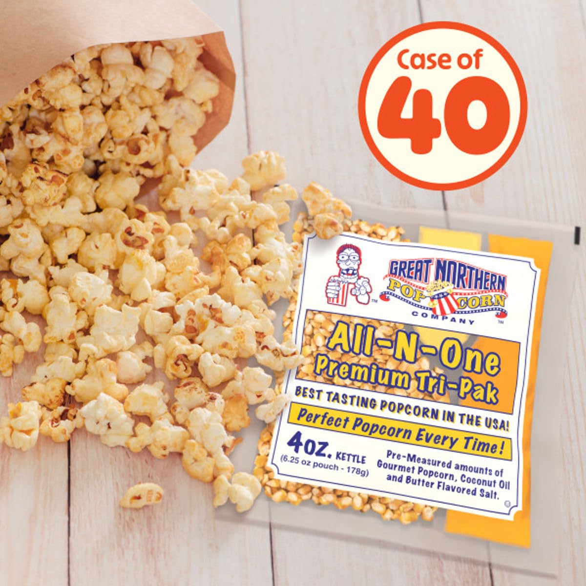 Movie Theater Style 40-Count Popcorn Packs - Pre-Measured 8-Ounce All-in-One Kernel, Salt, Oil Packets for Popping Machines by Great Northern Popcorn | All-in-One Pre-Measured Kernels, Butter Flavored Salt, and Coconut Oil Packets for 8oz Kettle - Movie…