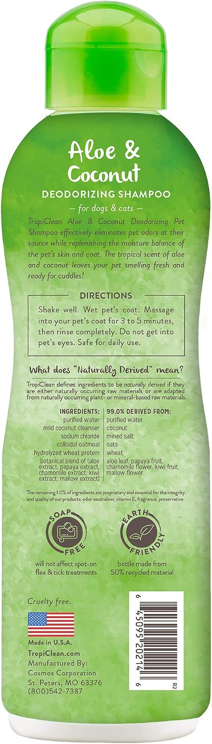 TropiClean Deodorizing Dog Shampoo for Smelly Pets, Long Lasting Odor Control, Puppy Safe, Made in the USA, Berry Scent, Cat Friendly, 20oz.