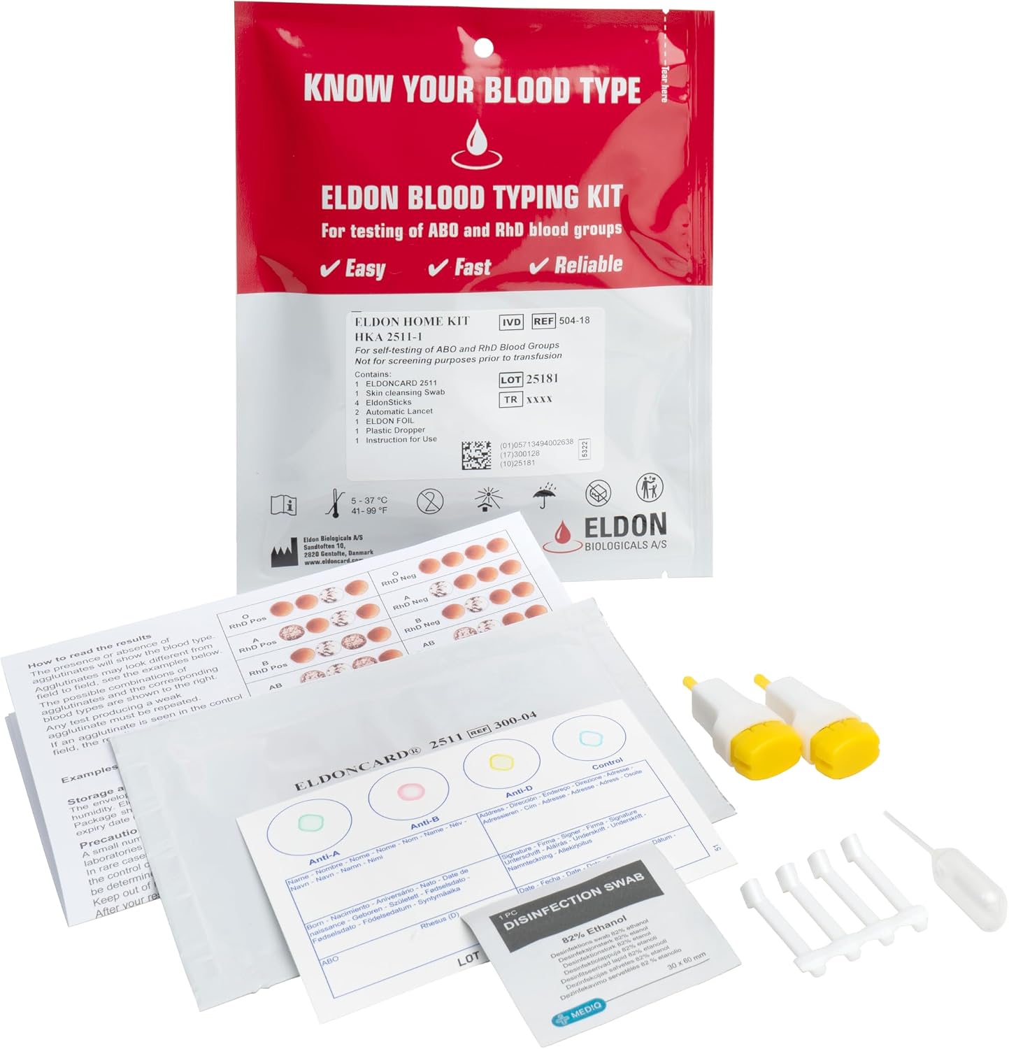 Eldoncard INC Blood Type Test, 1 Pack | Complete Kit, A, B, O, AB & RH Results, Results in Minutes, Includes Safety Lancet, Micropipette