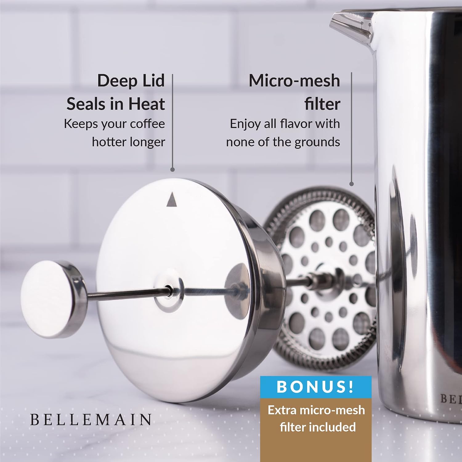 Bellemain French Press Coffee Maker Extra Filters Included, 35 oz, Stainless Steel