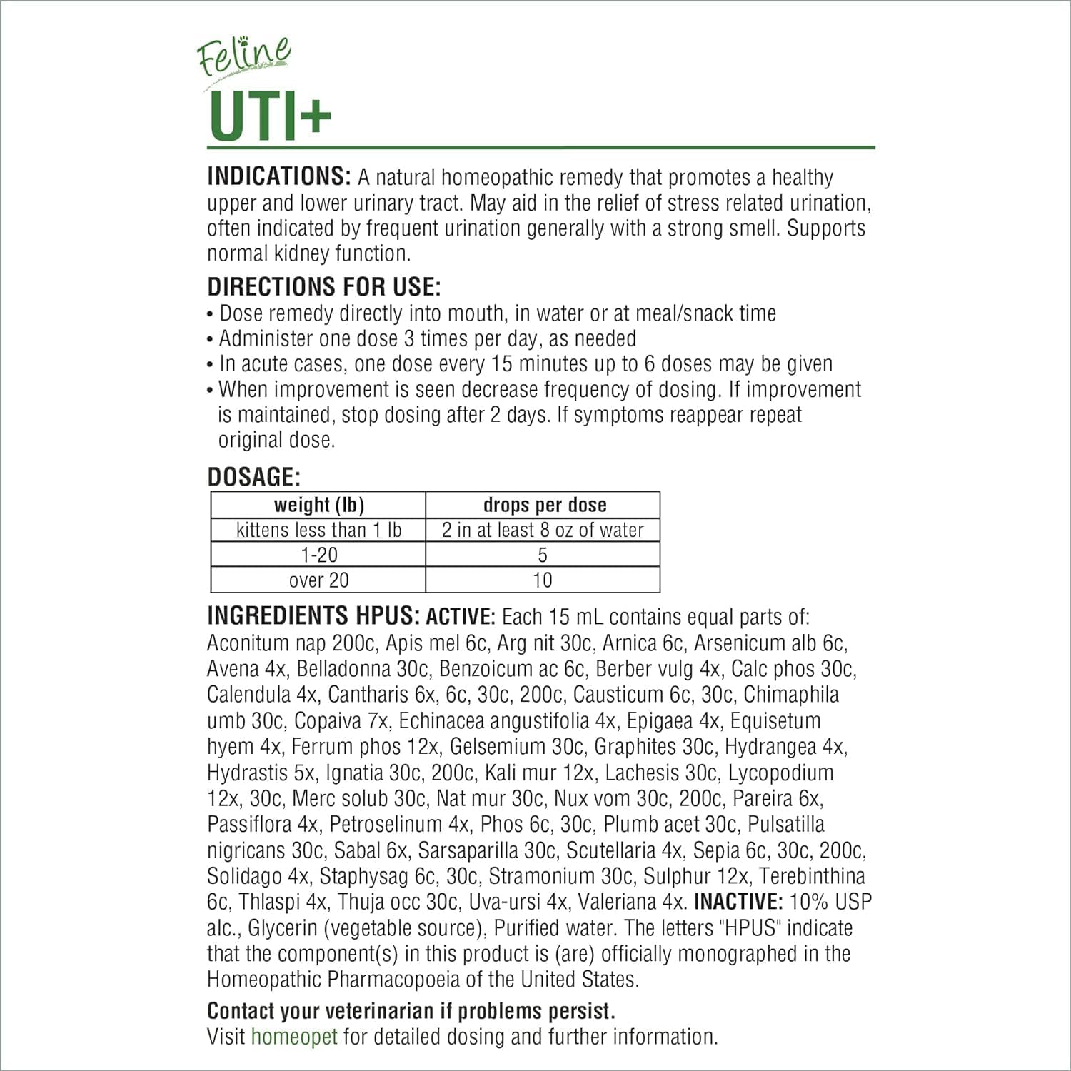HomeoPet Feline UTI+ Urinary Tract Supplement for Cats, 15 Milliliters | Natural urinary tract support for cats, safe and gentle homeopathic formula, liquid drops suitable for daily use