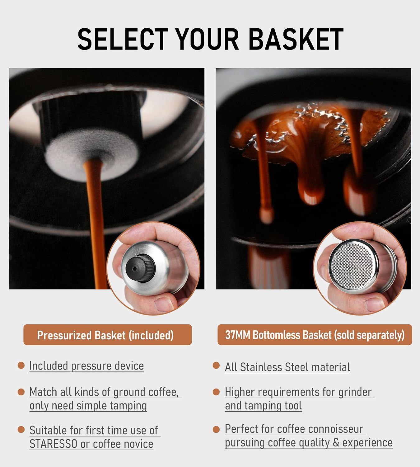 STARESSO Classic Manual Espresso Maker, 2 IN 1 Travel Coffee Machine | Compatible Ground Coffee & NS Original Pods, Stainless Steel Water Chamber