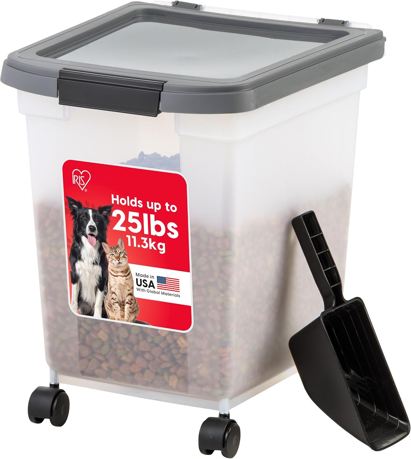 IRIS USA Dog Food Storage Container, Up to 25 lbs, Black, Made in USA | Wheels for Mobility, Airtight Seal, BPA-Free, Best for Bird Seed, Cat food, Cat Litter, Chicken Feed, Pellets