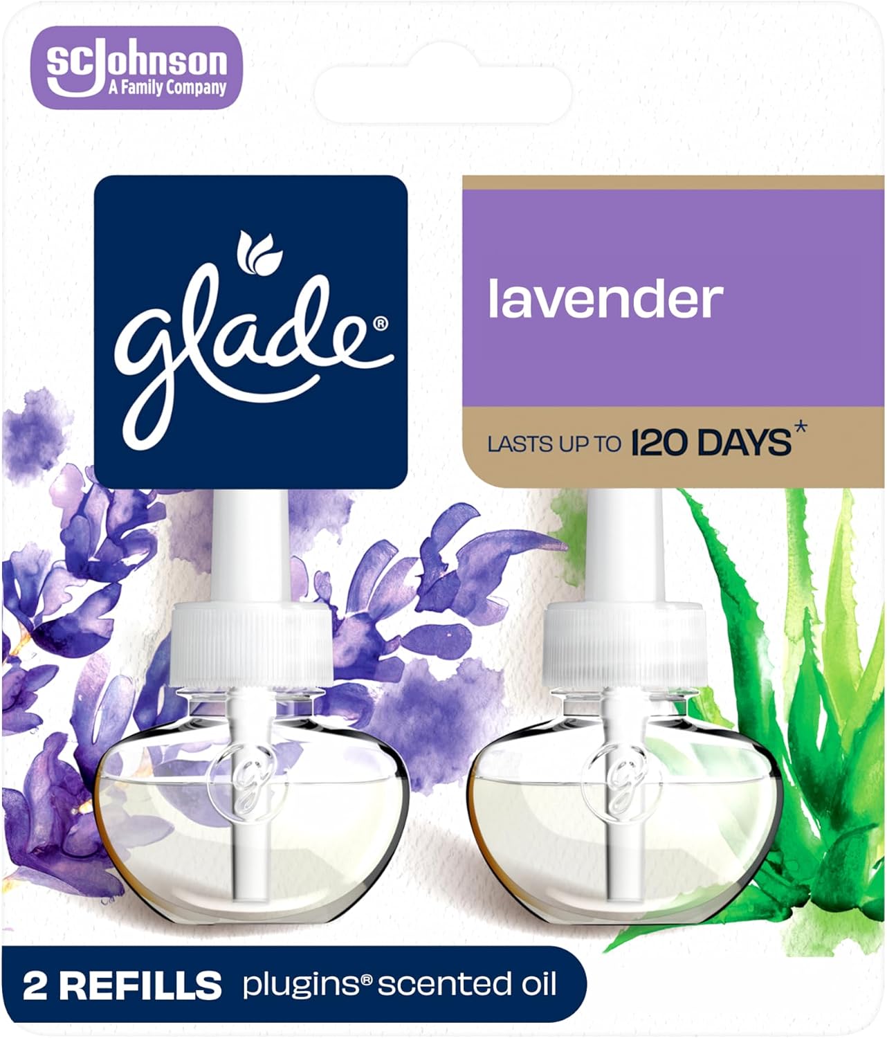 Glade PlugIns Refills Air Freshener, Scented and Essential Oils for Home and Bathroom, Tranquil Lavender & Aloe, 1.34 Fl Oz, 2 Count