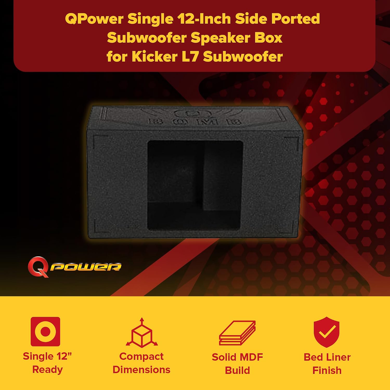 QPower QBOMB Single 12-Inch Speaker Box – Side-Ported Design with Black Bed Liner – Compatible with Kicker L7 Subwoofer